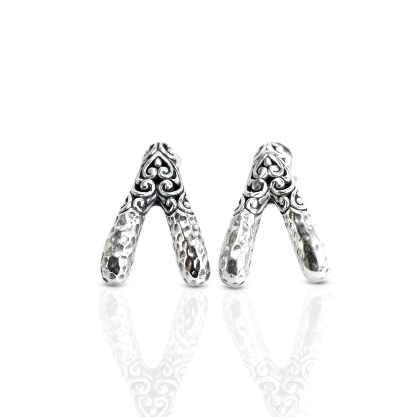 Wishbone stud earrings 925 sterling silver decorated with handcrafted filigree