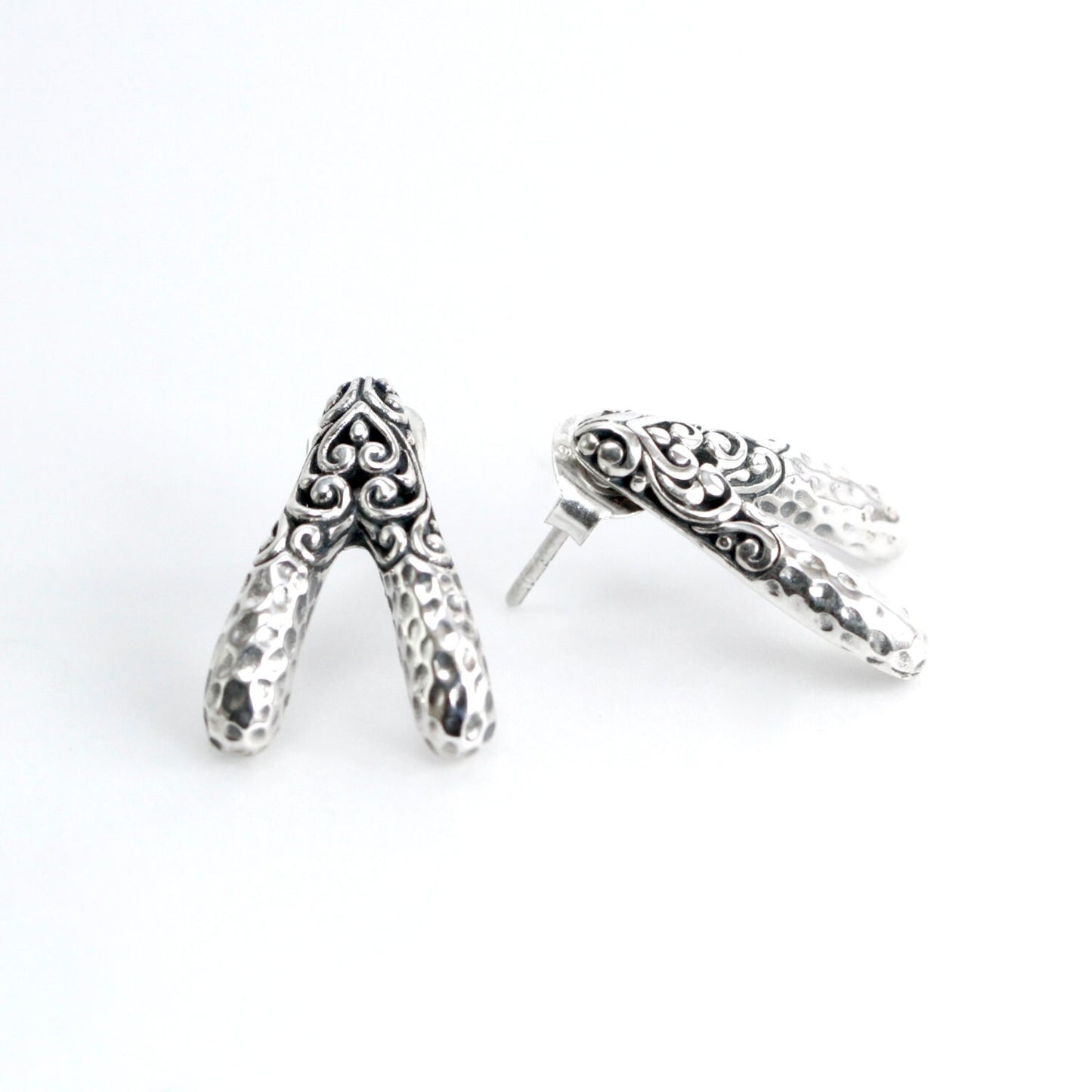 Wishbone stud earrings 925 sterling silver decorated with handcrafted filigree