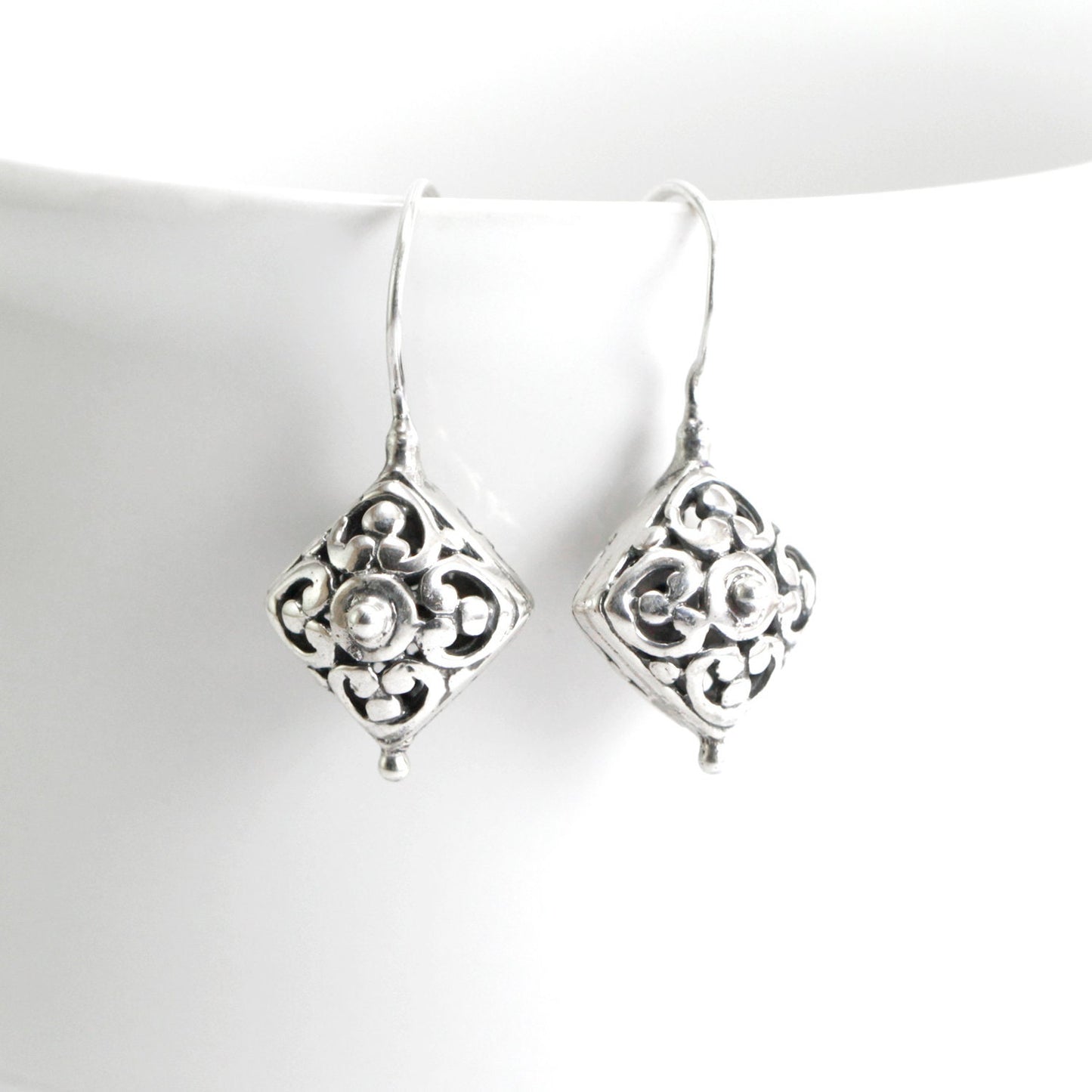 Antique earrings drop 925 sterling silver decorated with open work filigree