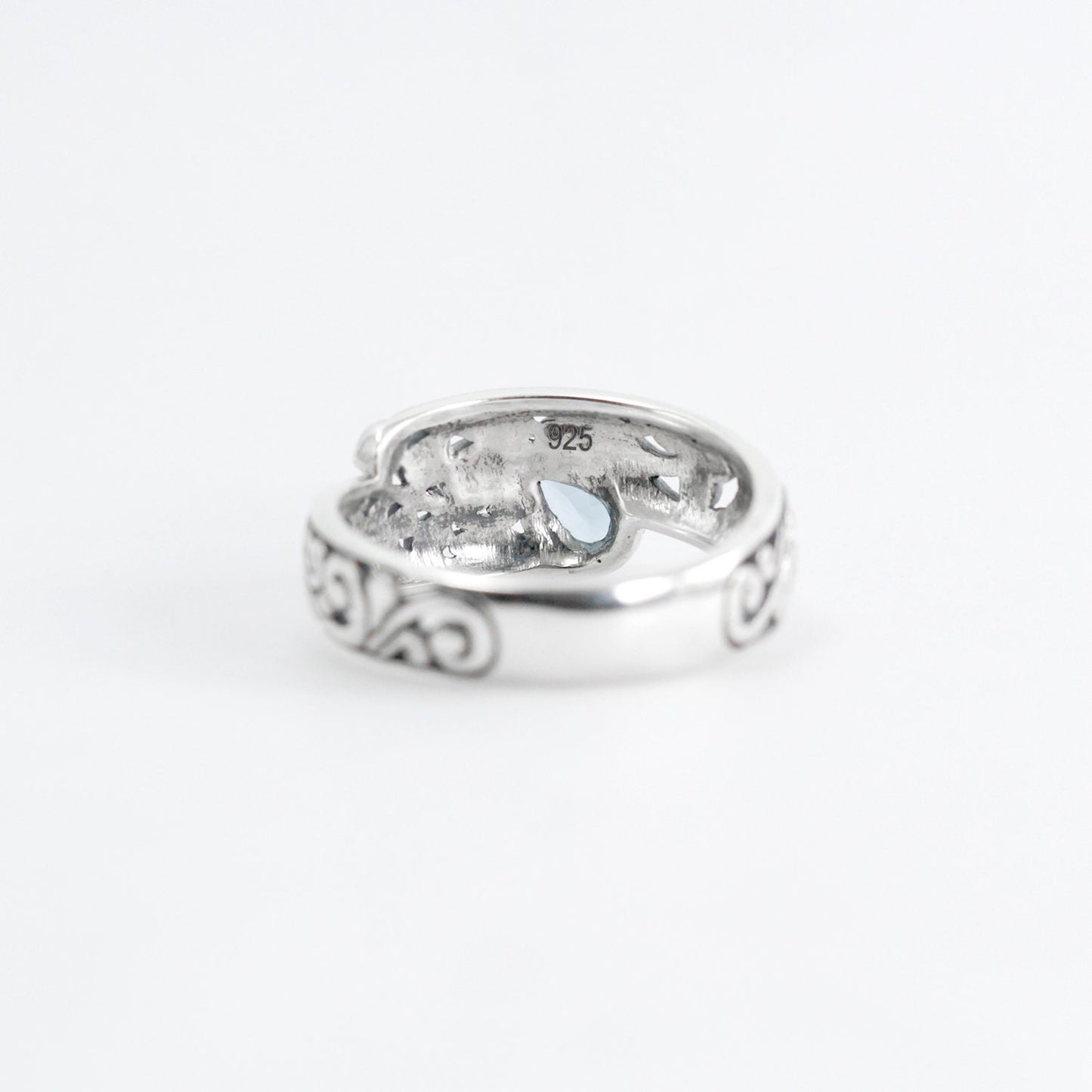 open work ring with genuine blue topaz in 925 sterling silver