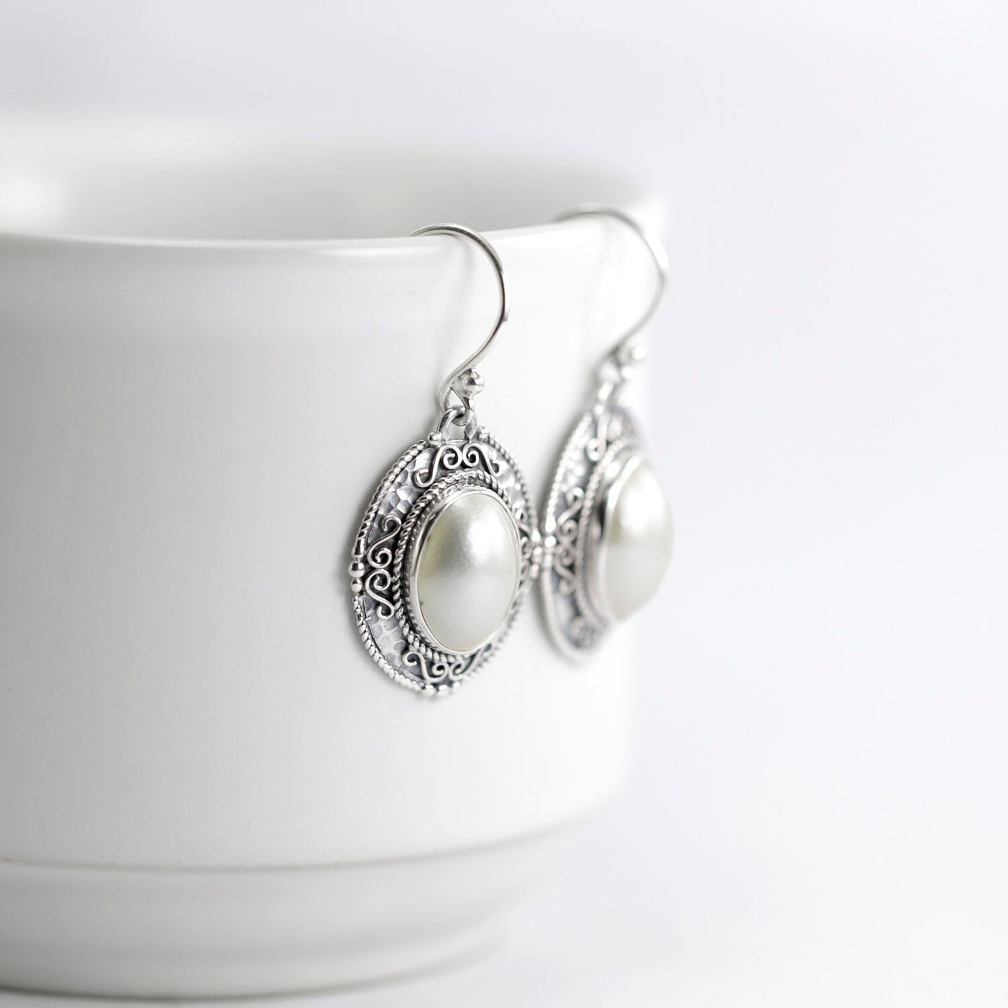 White Mabe Pearl Earrings dangle 925 sterling silver decorated with handmade filigree and antique finishing