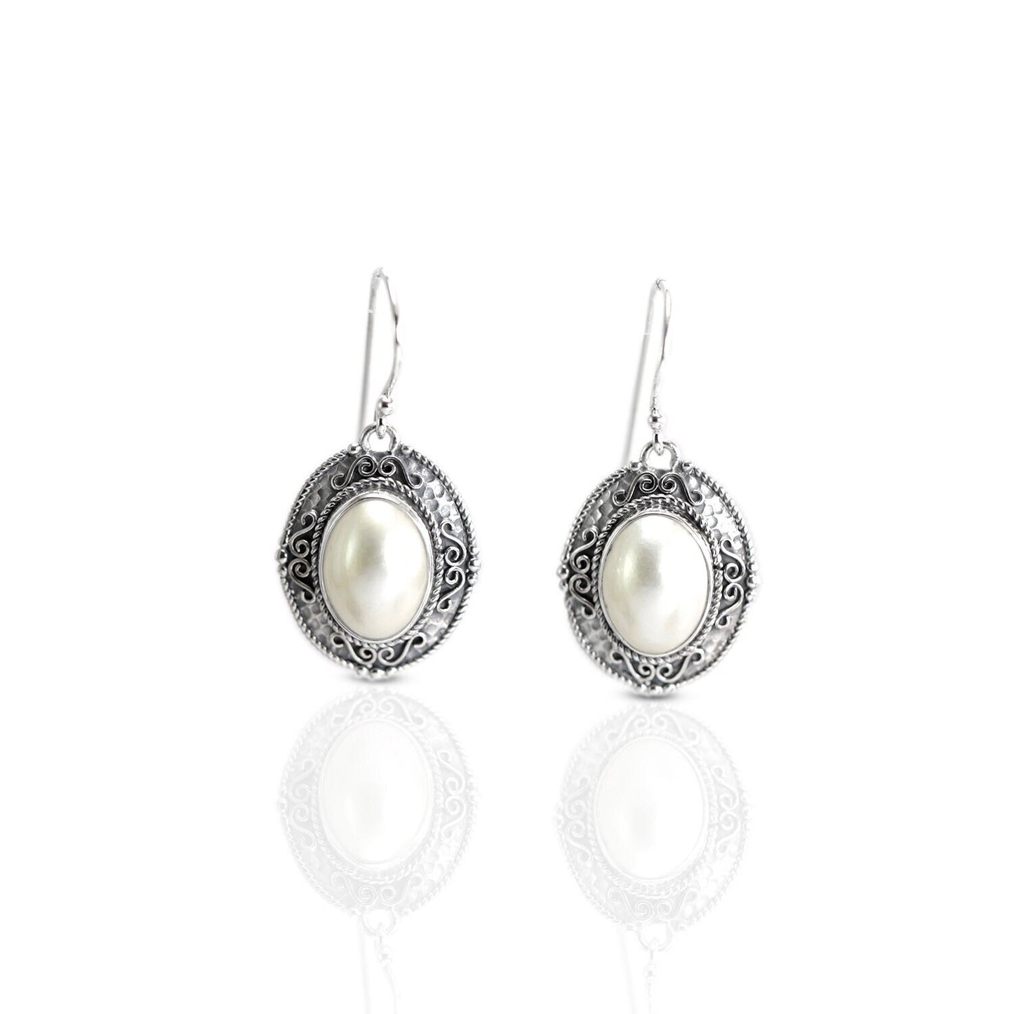 White Mabe Pearl Earrings dangle 925 sterling silver decorated with handmade filigree and antique finishing