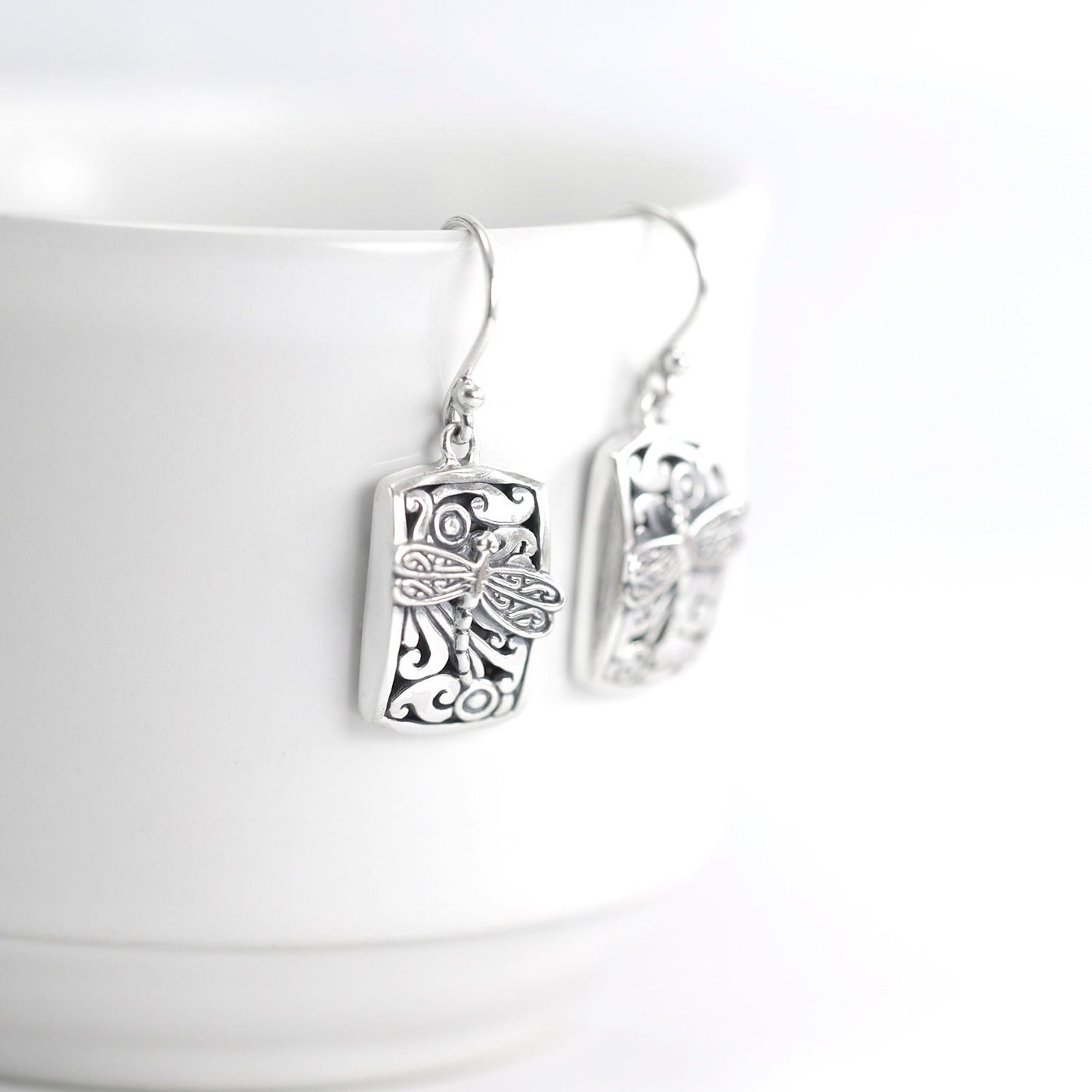 Dragonfly earrings 925 sterling silver dangle drop earring open work filigree
