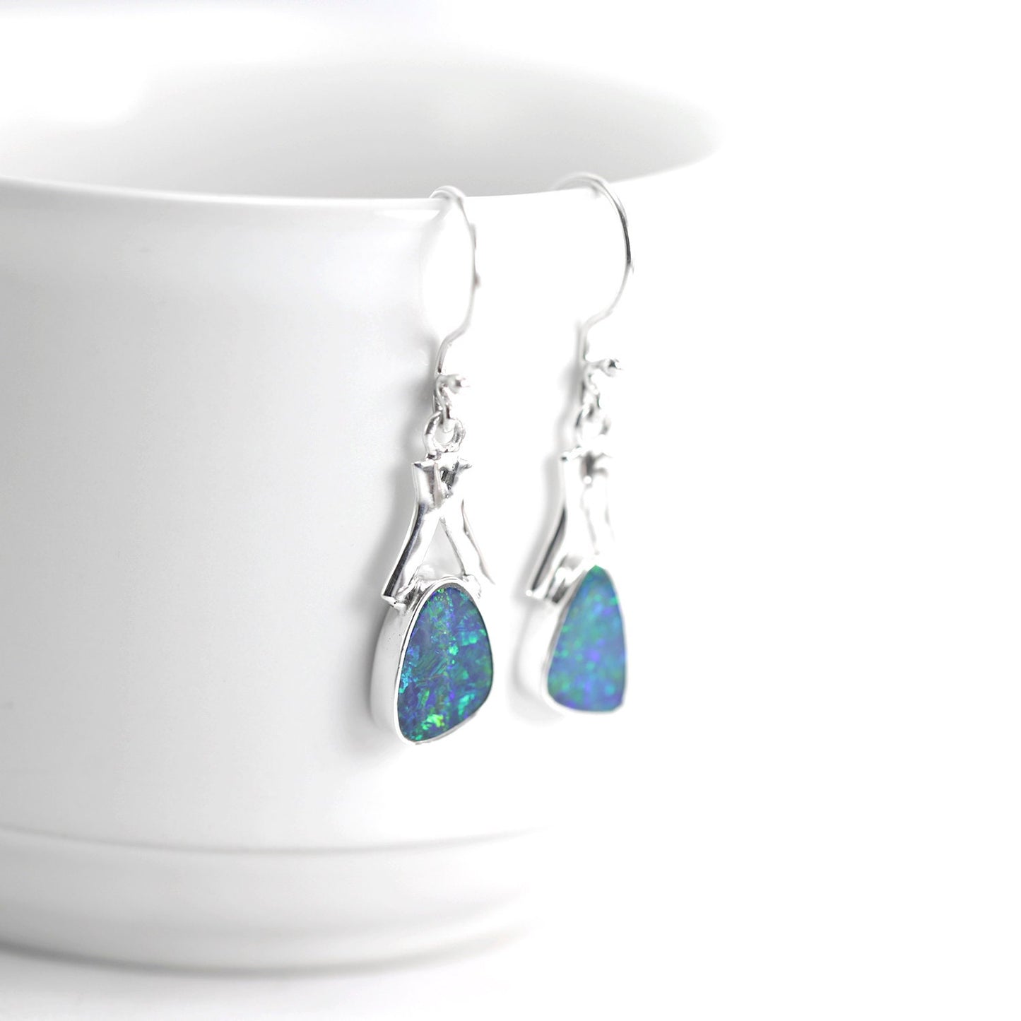 Blue opal earrings dangle set in 925 sterling silver, fire opal earrings