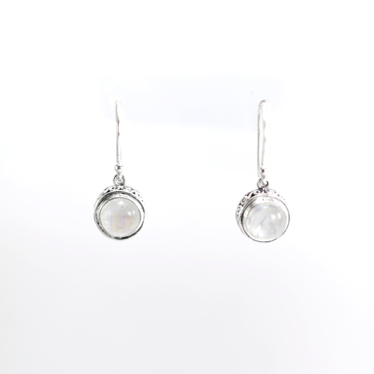 Moonstone earrings set in 925 sterling silver round dangle decorated with filigree edge