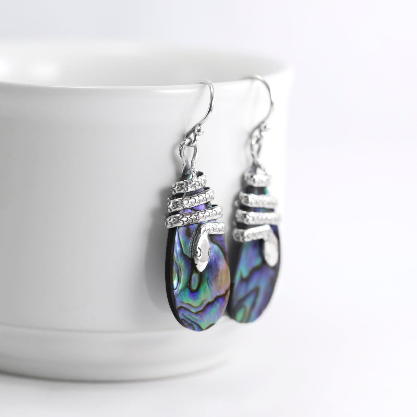 Snake earrings 925 sterling silver with Abalone shell, Paua shell earrings