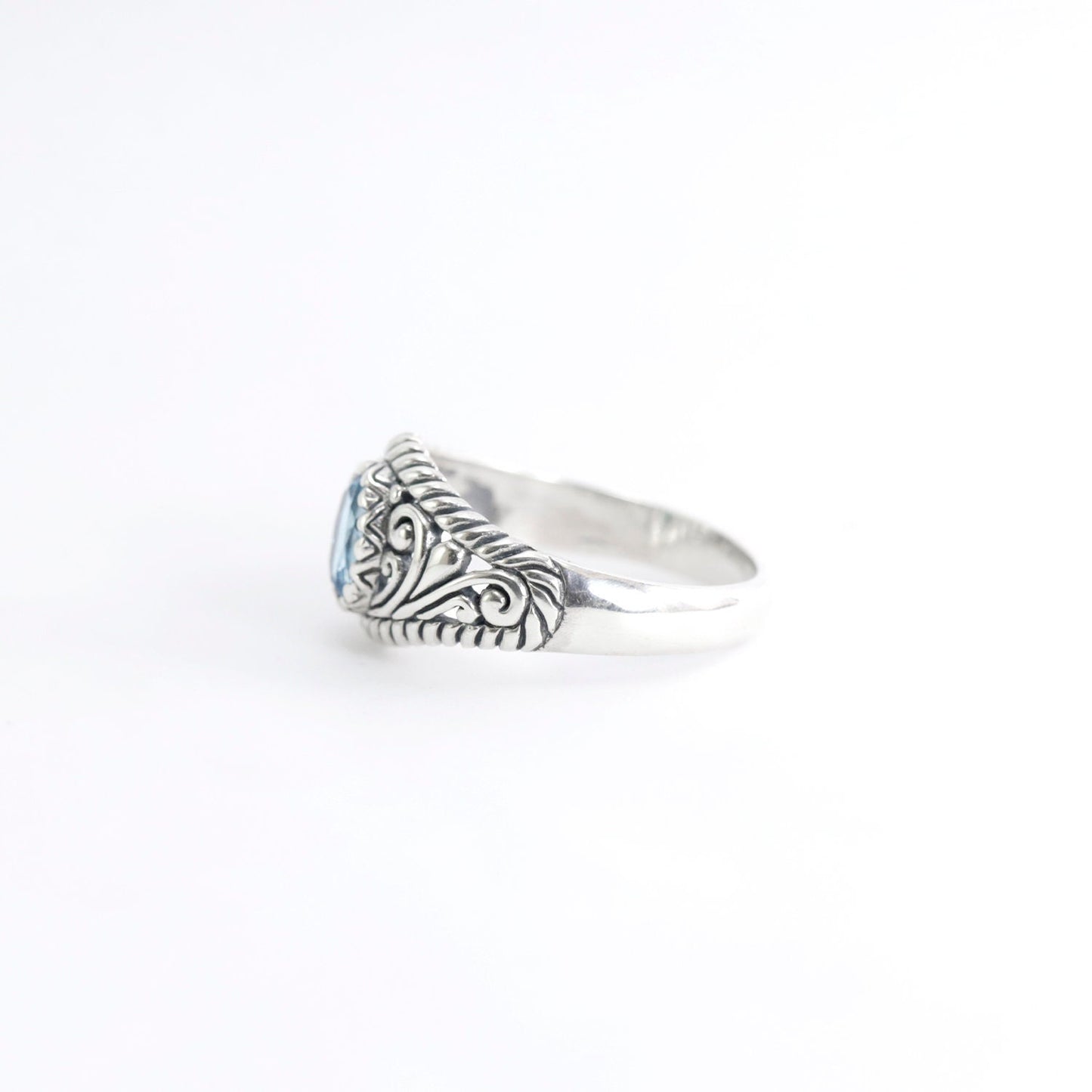 open work ring with genuine Oval blue topaz in 925 sterling silver, cable style ring
