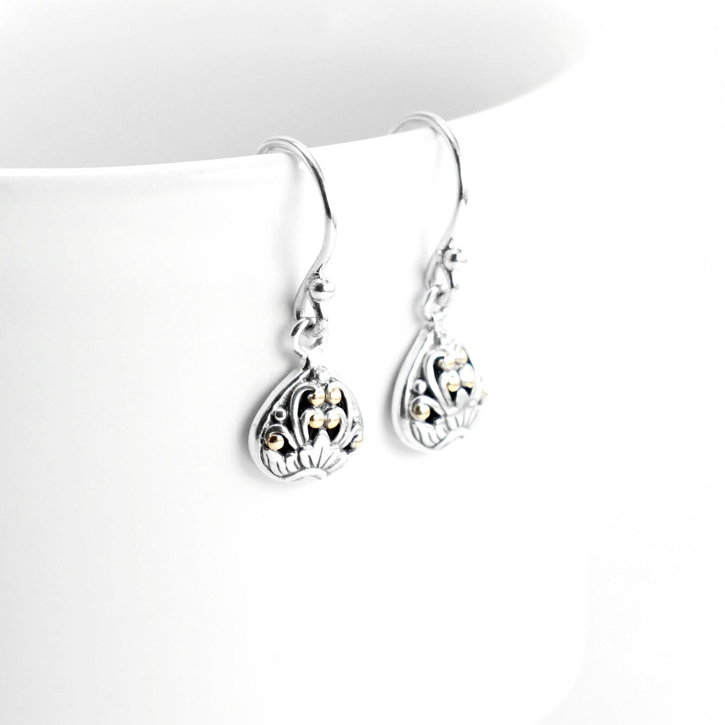 silver earrings dangle drop 925 sterling silver earrings decorated with handcrafted filigree and 18K Gold