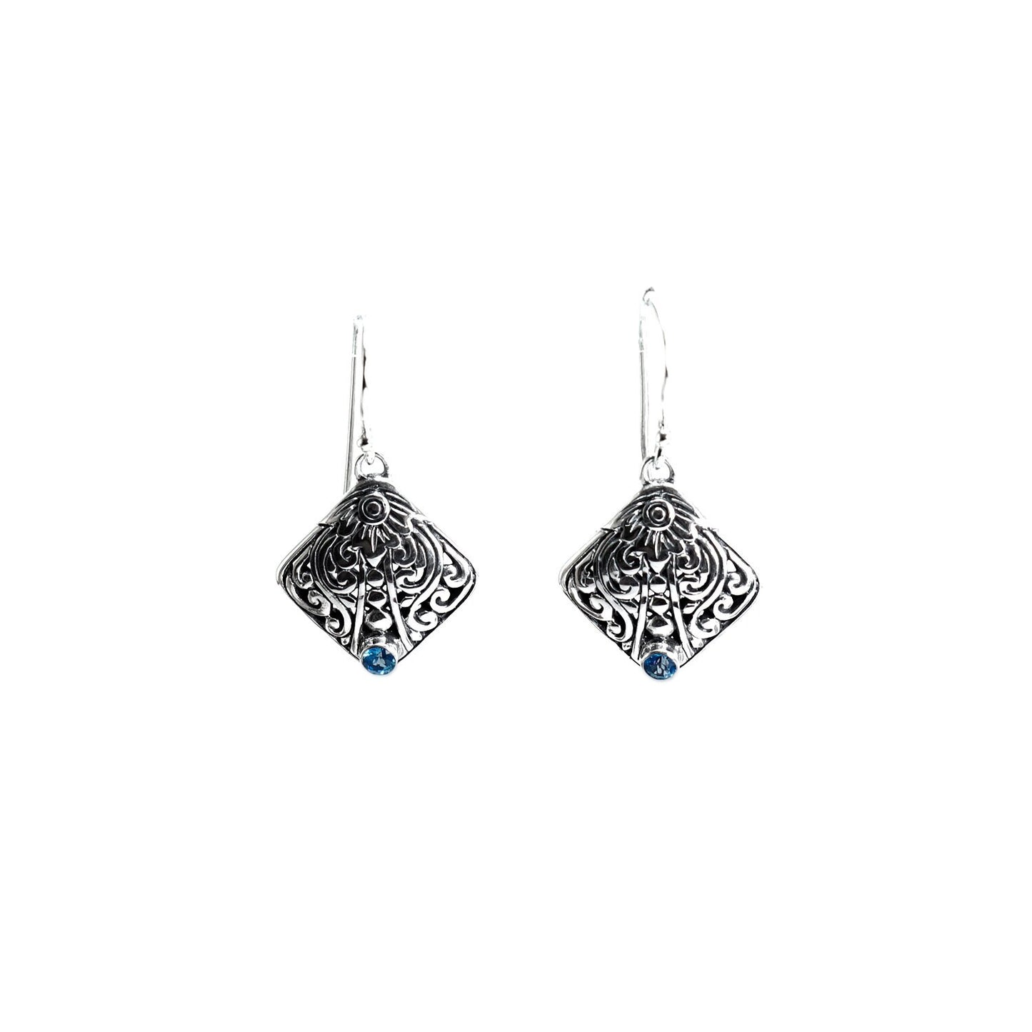 Leaf earrings 925 sterling silver decorated with filigree art and genuine blue topaz