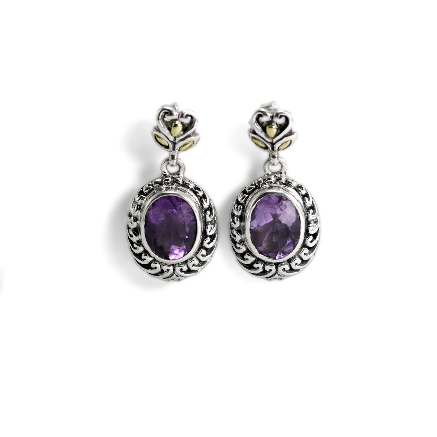 amethyst stud earrings 925 sterling silver decorated with open work filigree and 18K yellow gold