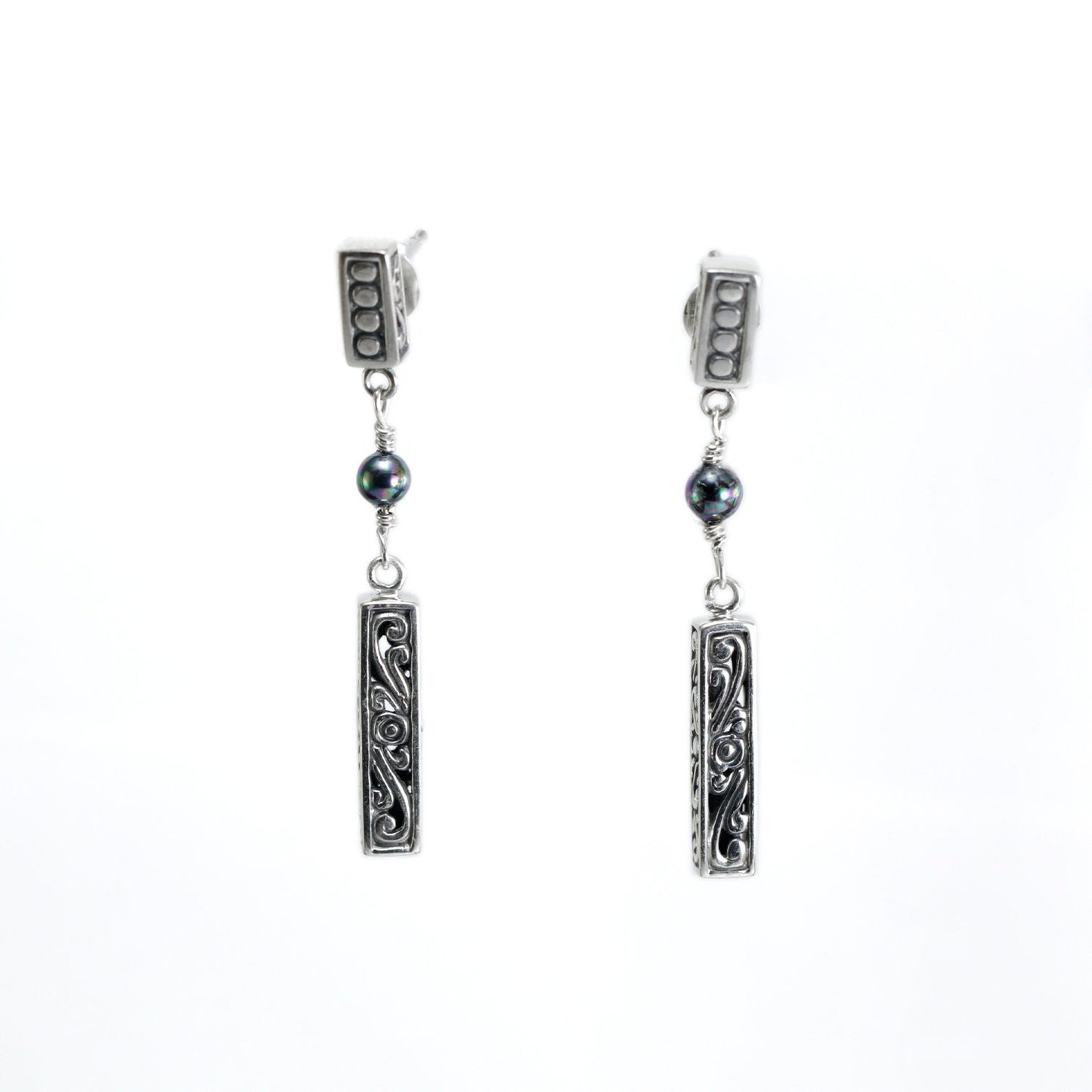 Dangle drop stud earrings 925 sterling silver decorated with pearl and open work filigree