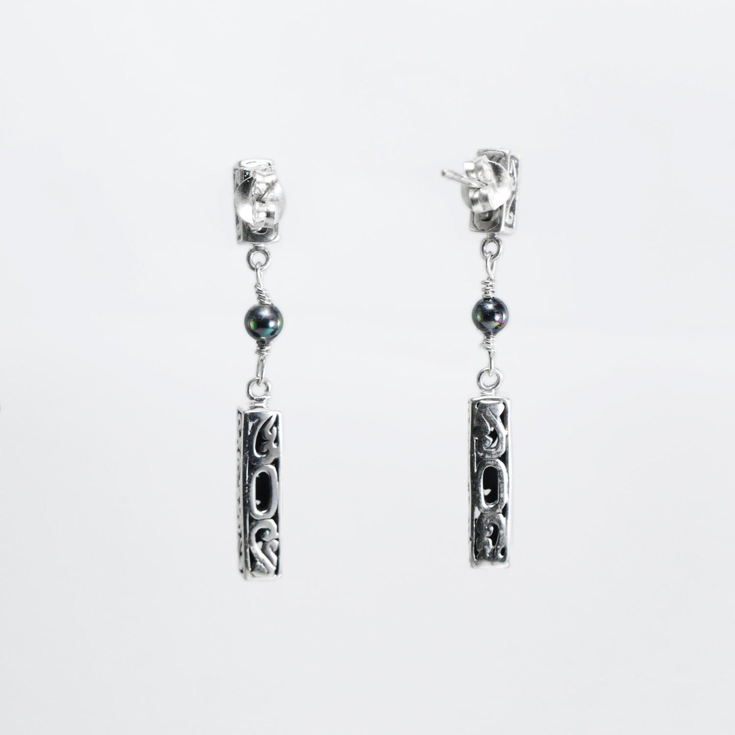 Dangle drop stud earrings 925 sterling silver decorated with pearl and open work filigree