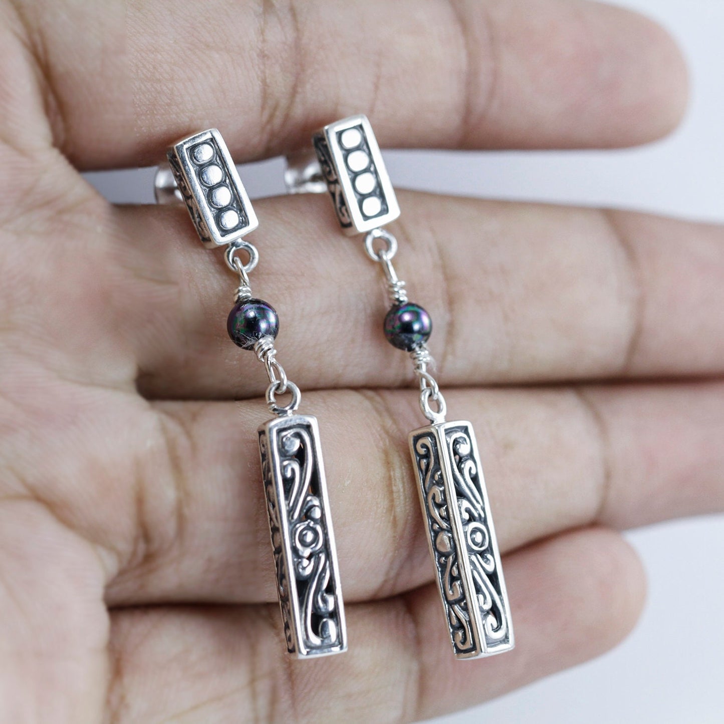 Dangle drop stud earrings 925 sterling silver decorated with pearl and open work filigree