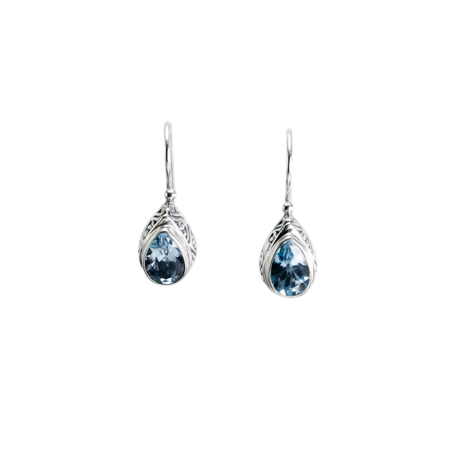 Teardrop earrings kidney lock with genuine blue topaz set in 925 sterling silver decorated with swirl filigree