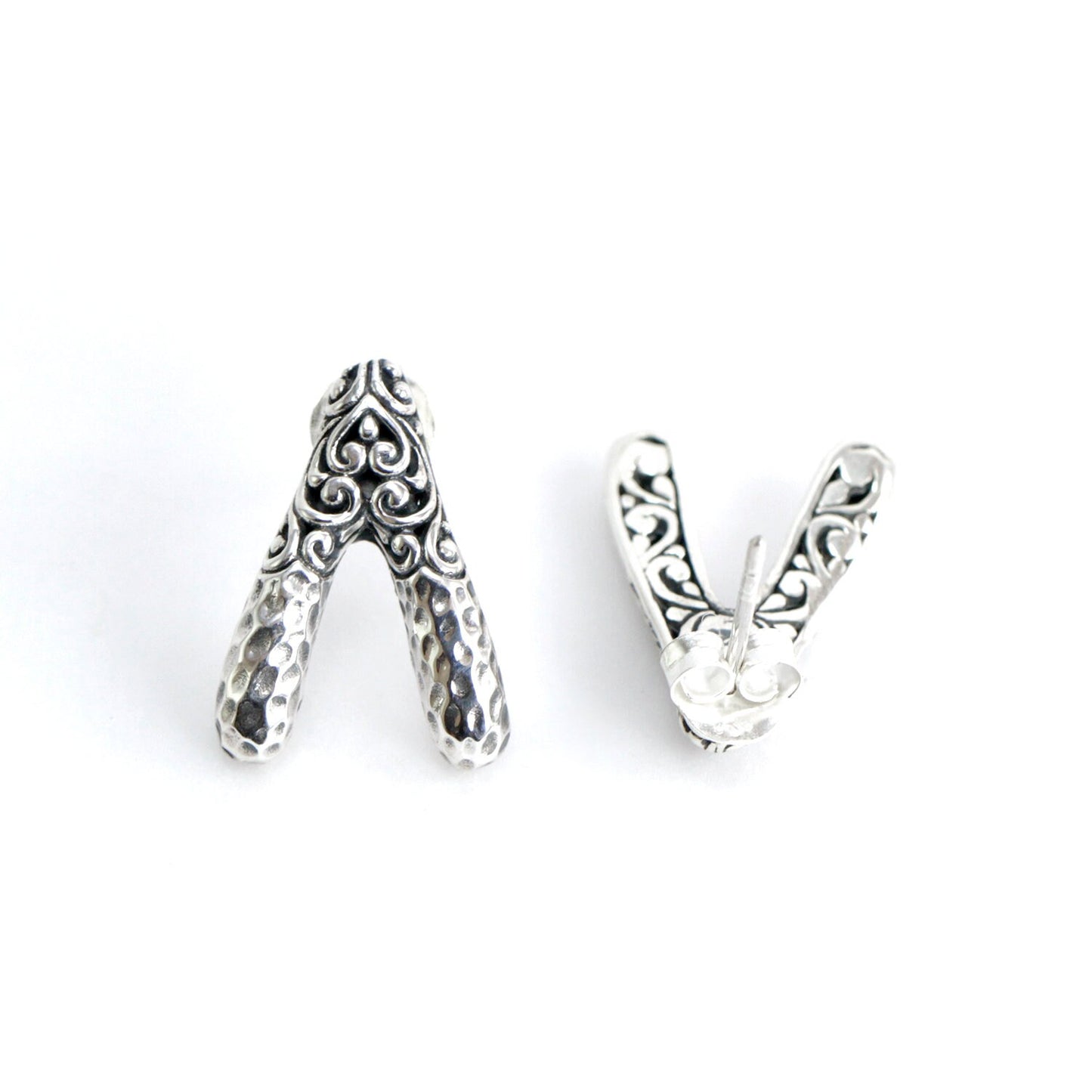 Wishbone stud earrings 925 sterling silver decorated with handcrafted filigree