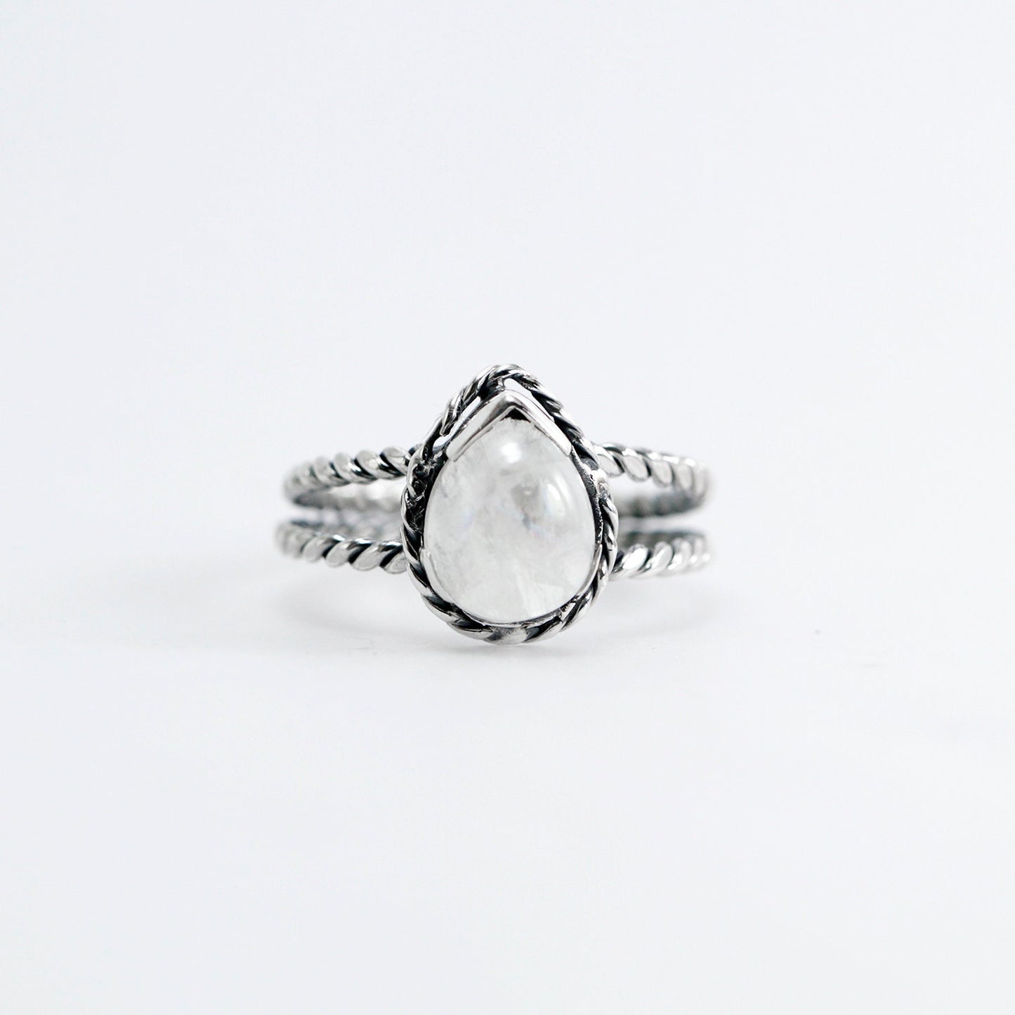 Moonstone ring 925 sterling silver, split shank ring, tear drop ring