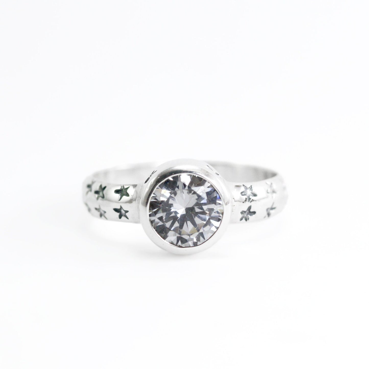 Bezel set ring 925 sterling silver with genuine white crystal zircon, solitaire zircon ring