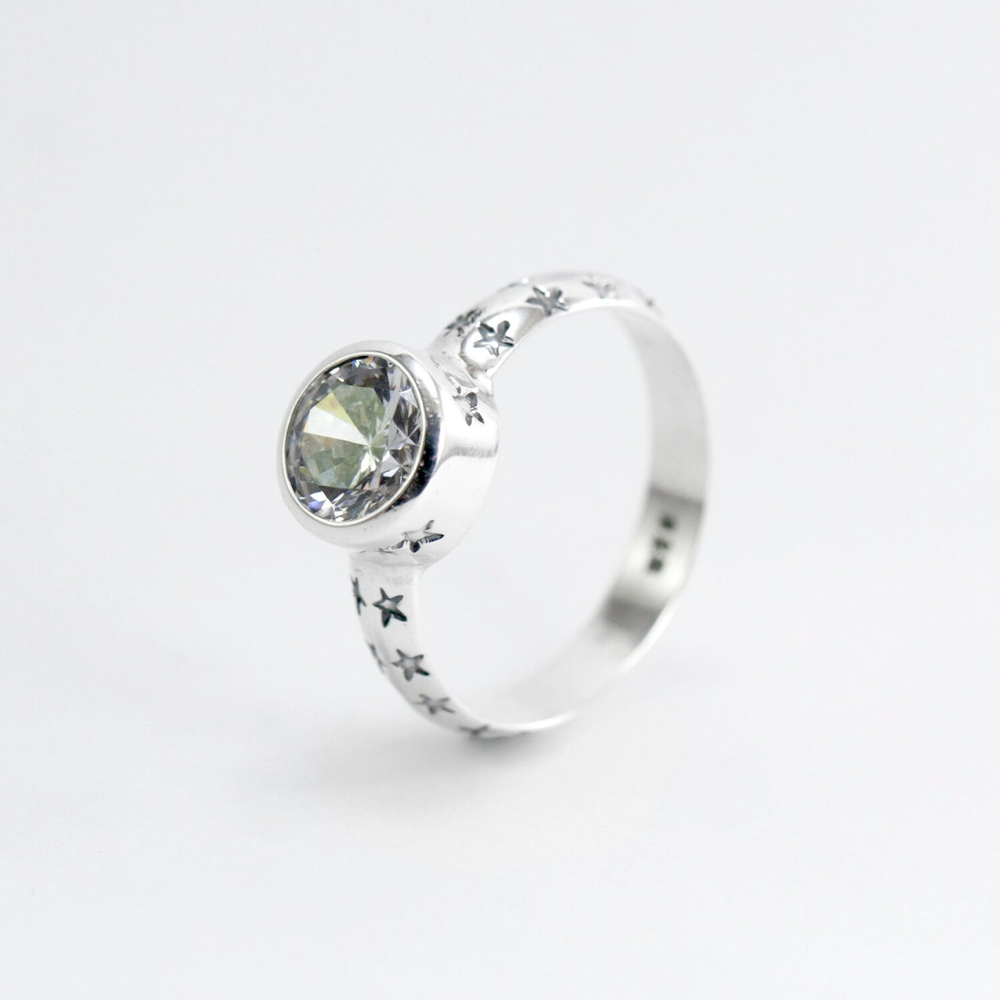 Bezel set ring 925 sterling silver with genuine white crystal zircon, solitaire zircon ring