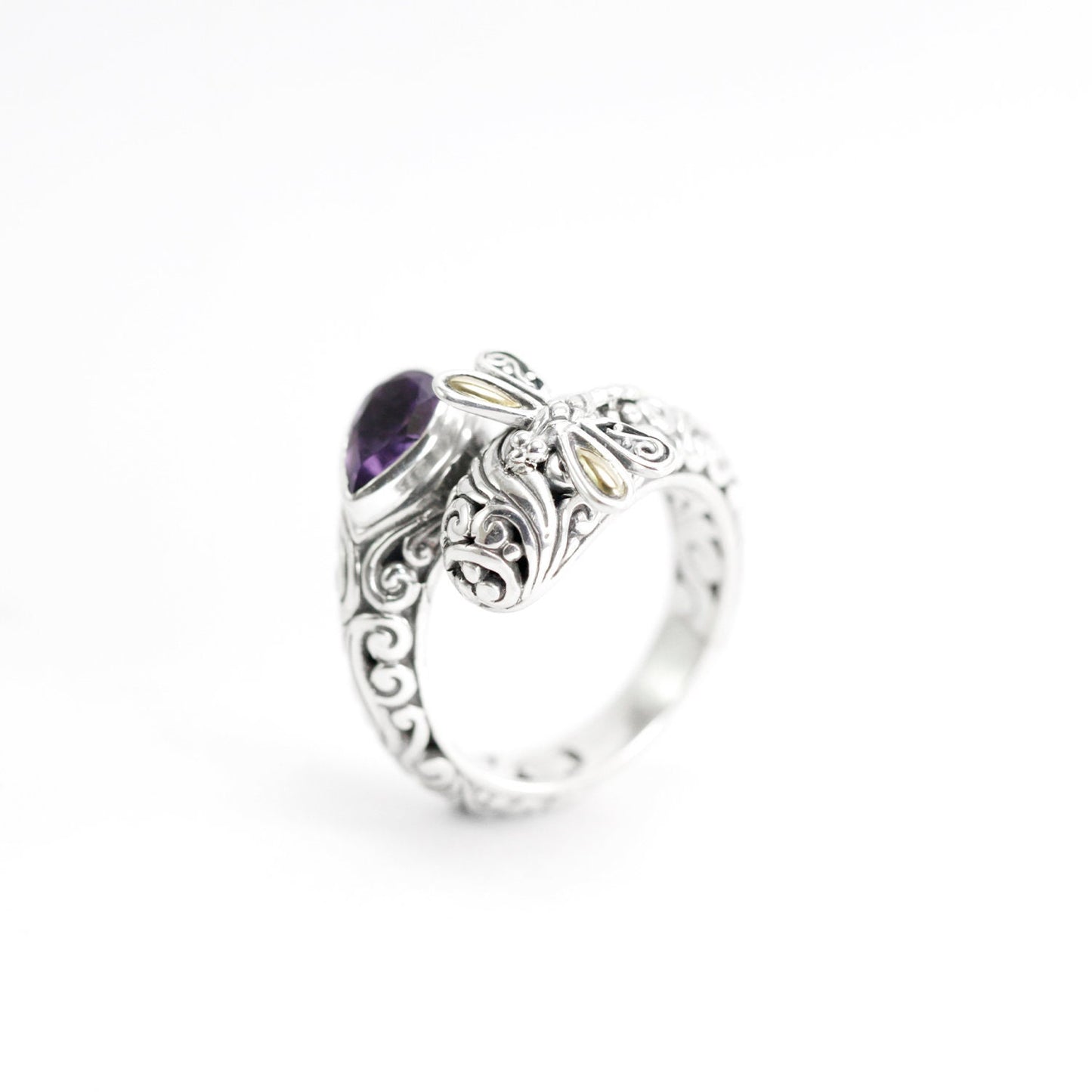 bypass ring 925 sterling silver decorated with dragonfly and genuine amethyst, filigree ring,