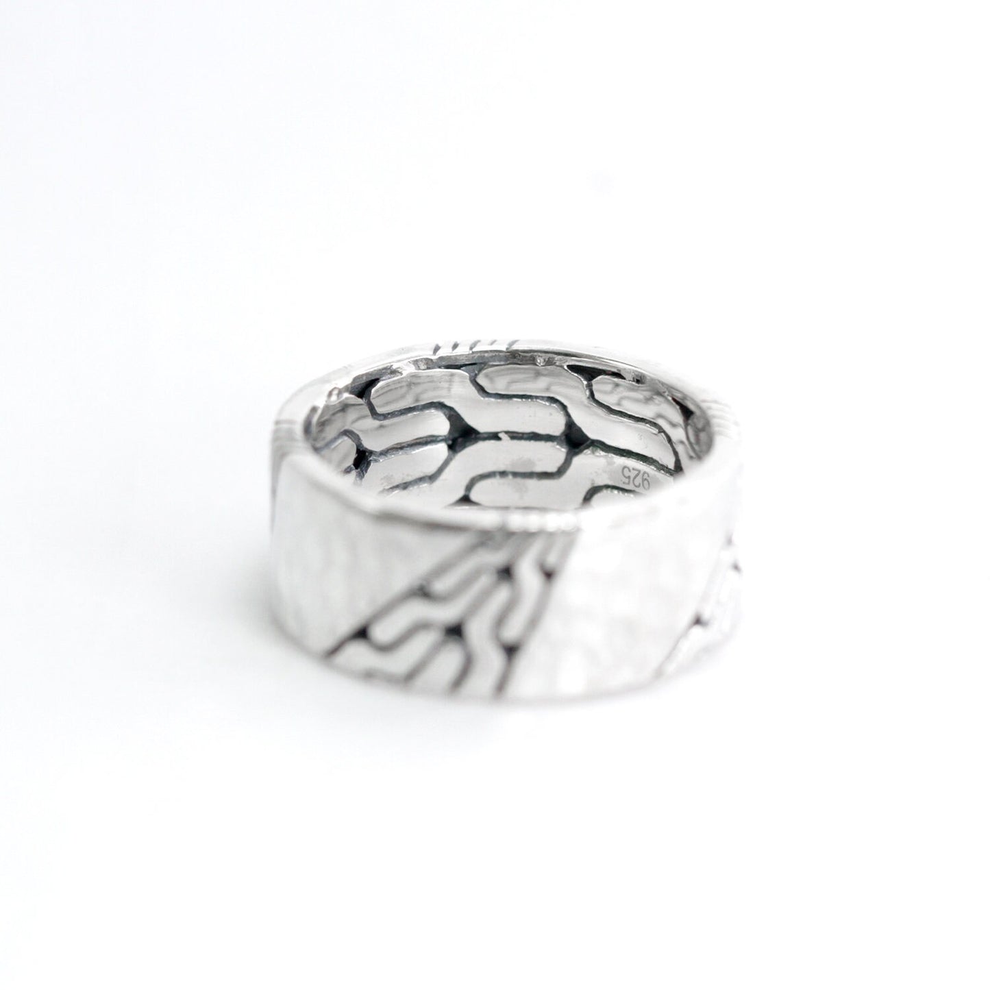 wide band ring 925 sterling silver with iconic woven chain carving and hummer finishing