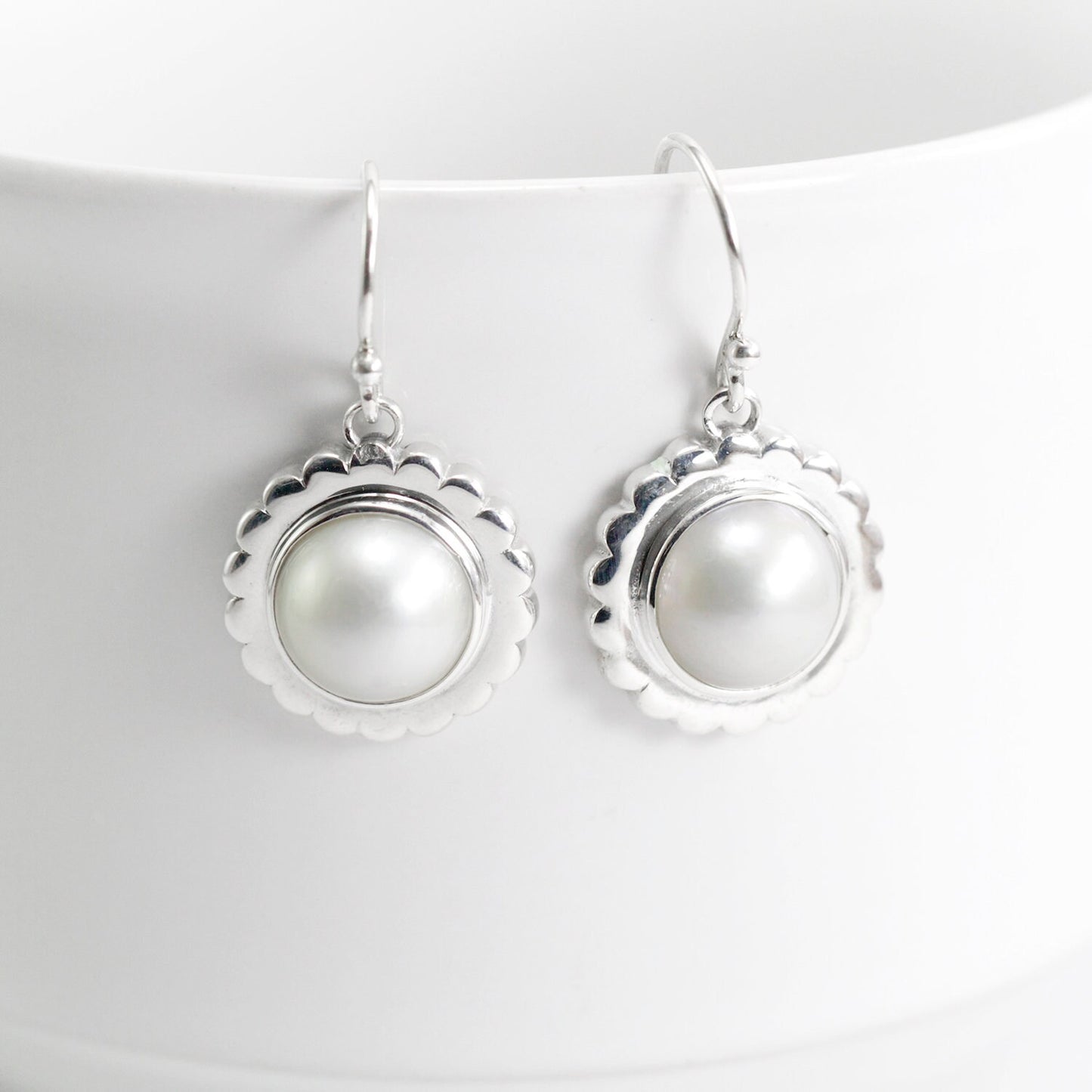 white mabe pearl dangle drop earrings set in handmade flower carving art 925 sterling silver