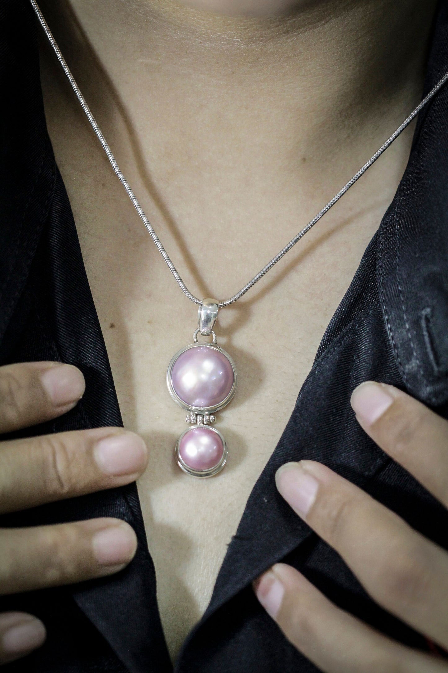 Pink mabe pearl pendant set in 925 sterling silver, sister pendant with pearl