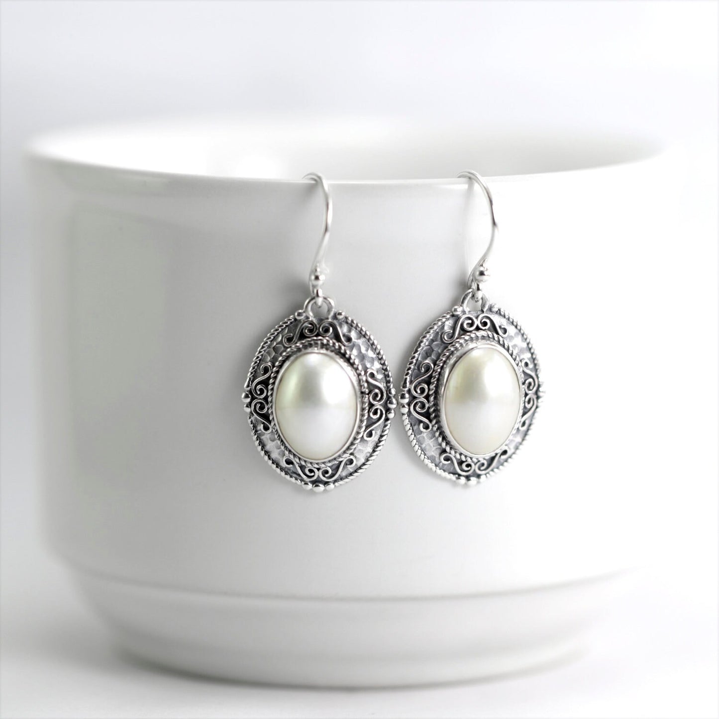 White Mabe Pearl Earrings dangle 925 sterling silver decorated with handmade filigree and antique finishing