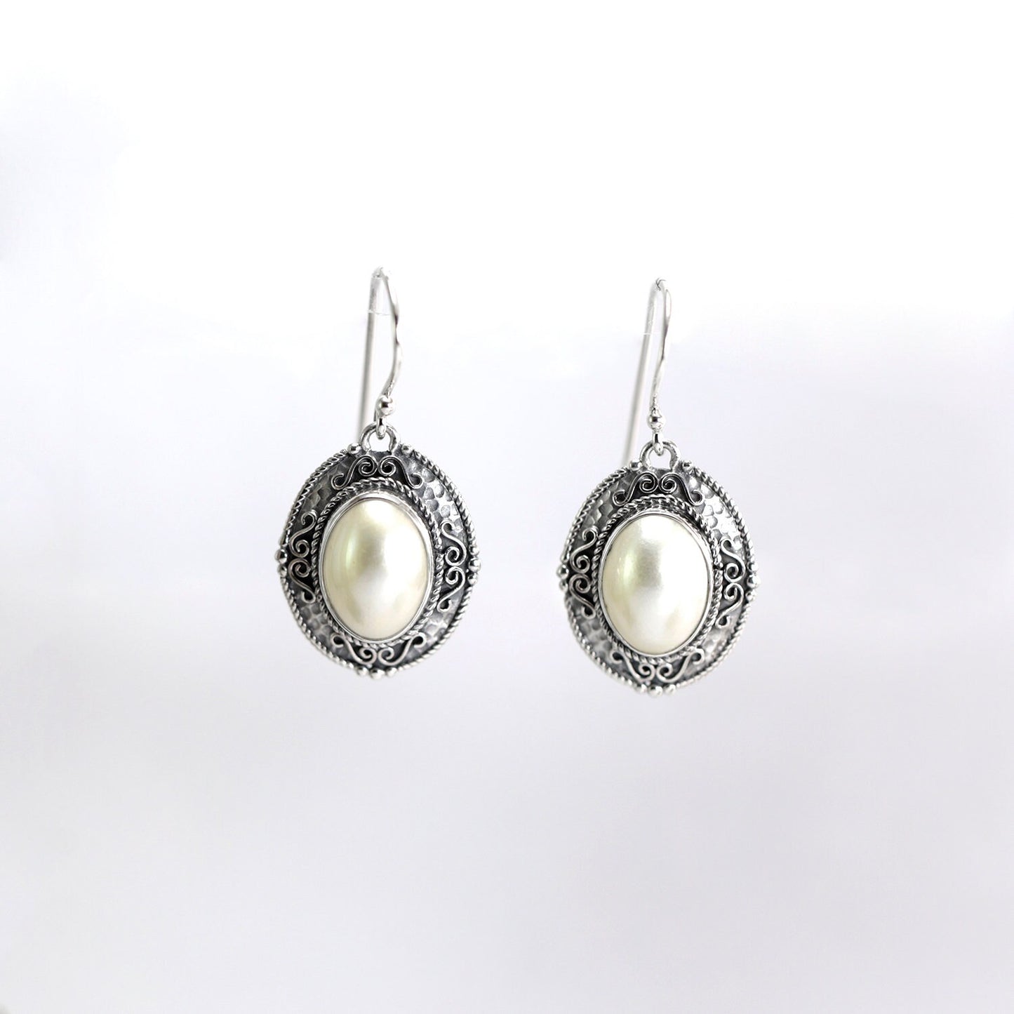 White Mabe Pearl Earrings dangle 925 sterling silver decorated with handmade filigree and antique finishing