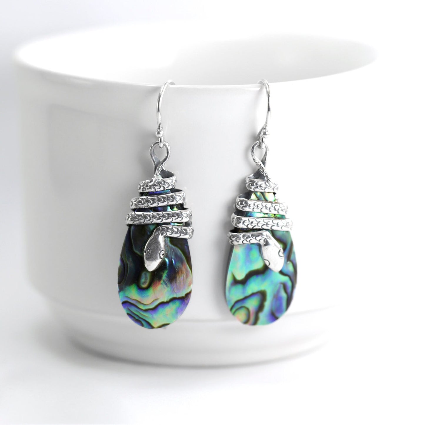 Snake earrings 925 sterling silver with Abalone shell, Paua shell earrings