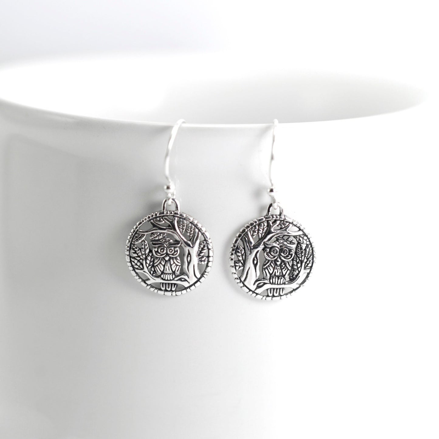 Owl bird earrings 925 sterling silver decorated with panorama carving