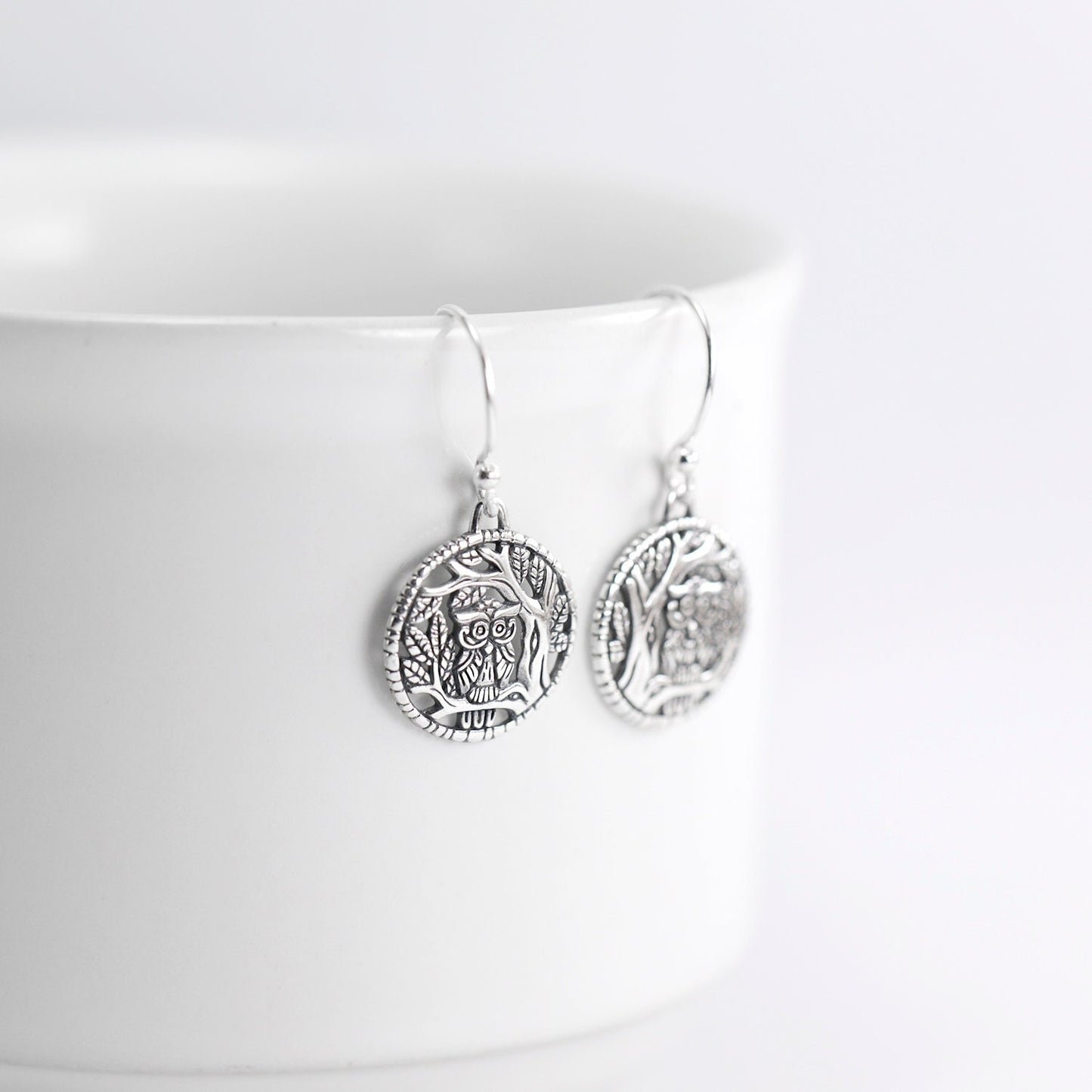 Owl bird earrings 925 sterling silver decorated with panorama carving