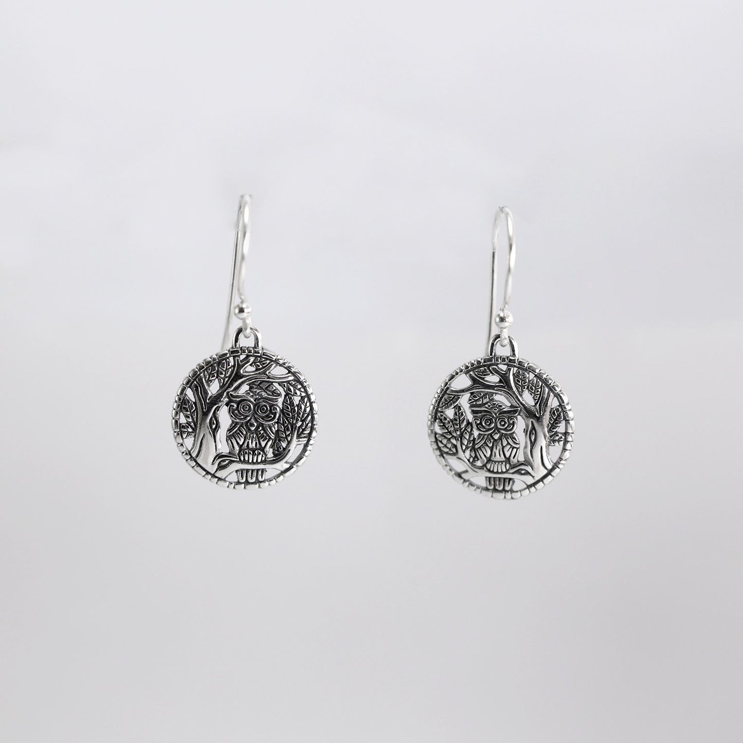 Owl bird earrings 925 sterling silver decorated with panorama carving