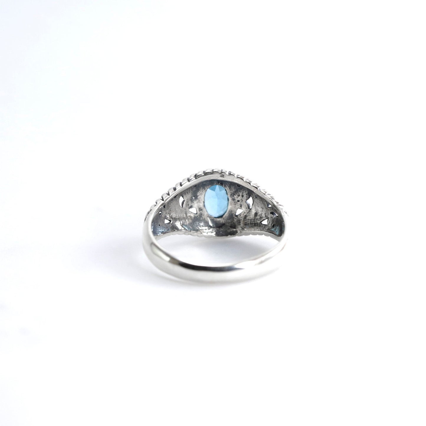 open work ring with genuine Oval blue topaz in 925 sterling silver, cable style ring