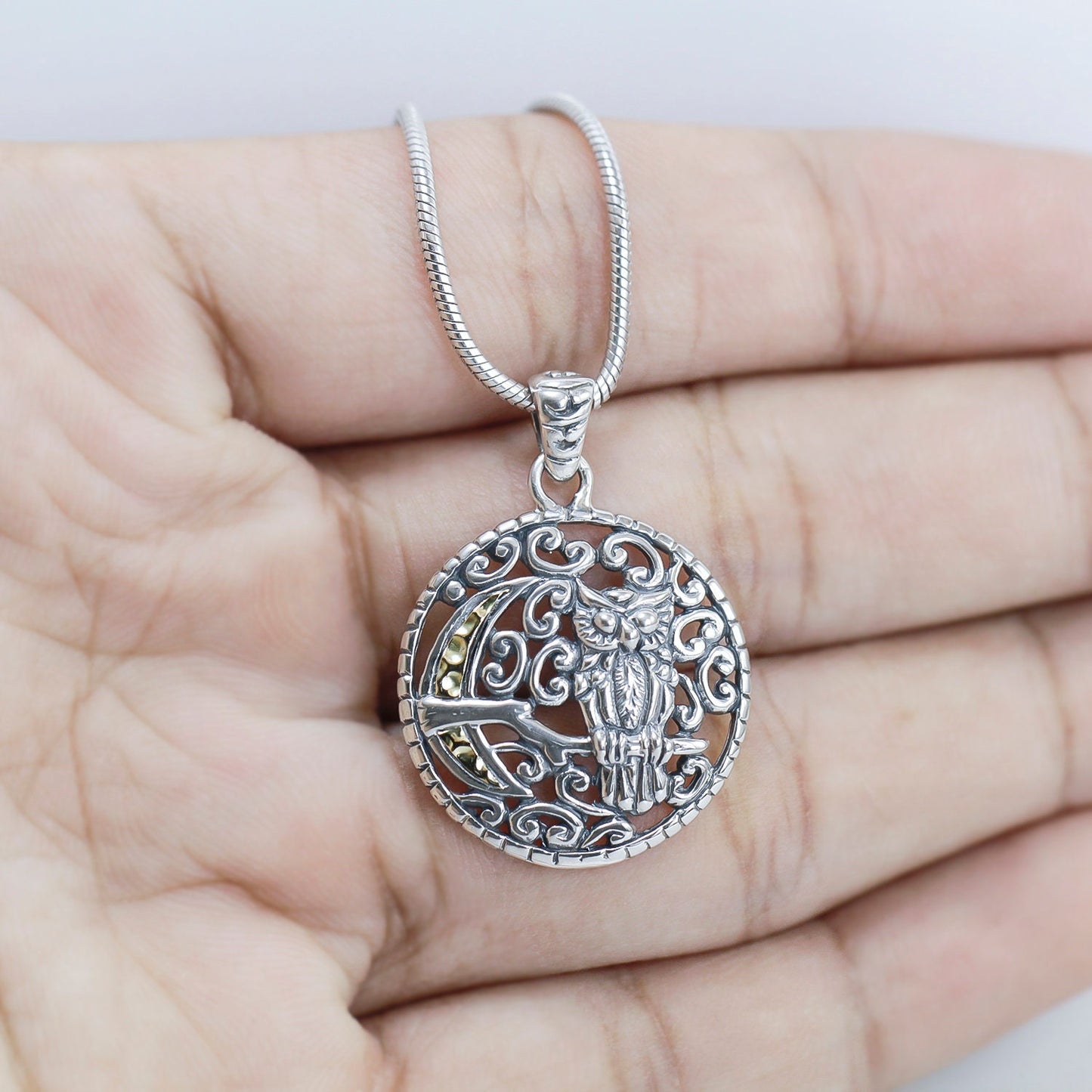 owl pendant 925 sterling silver decorated with nature panorama and half moon engraved 18 k gold accent