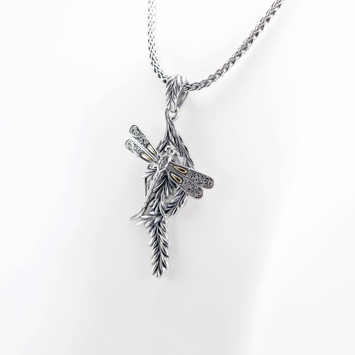 dragonfly pendant 925 sterling silver decorated with filigree and leaf pattern, nature art pendant