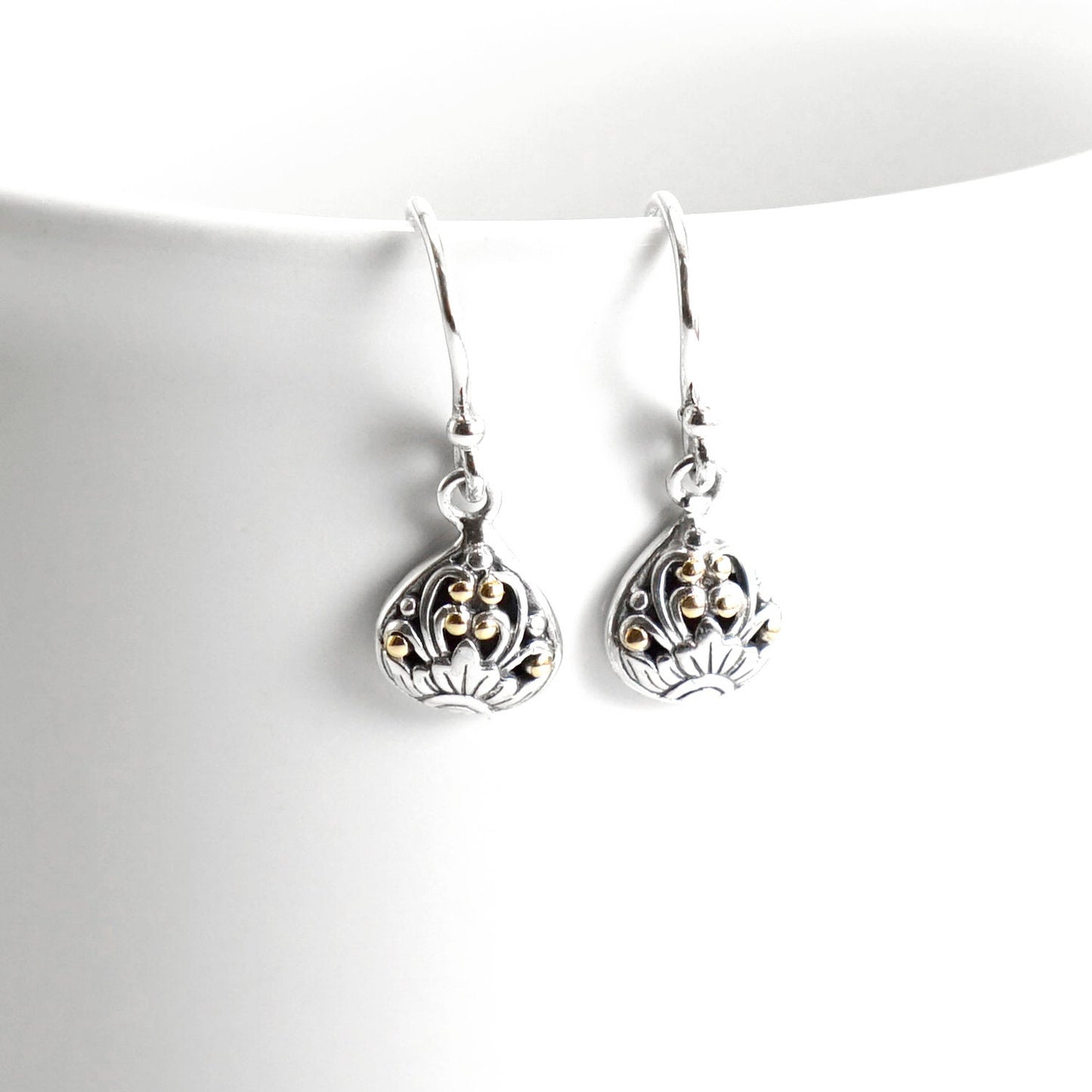 silver earrings dangle drop 925 sterling silver earrings decorated with handcrafted filigree and 18K Gold