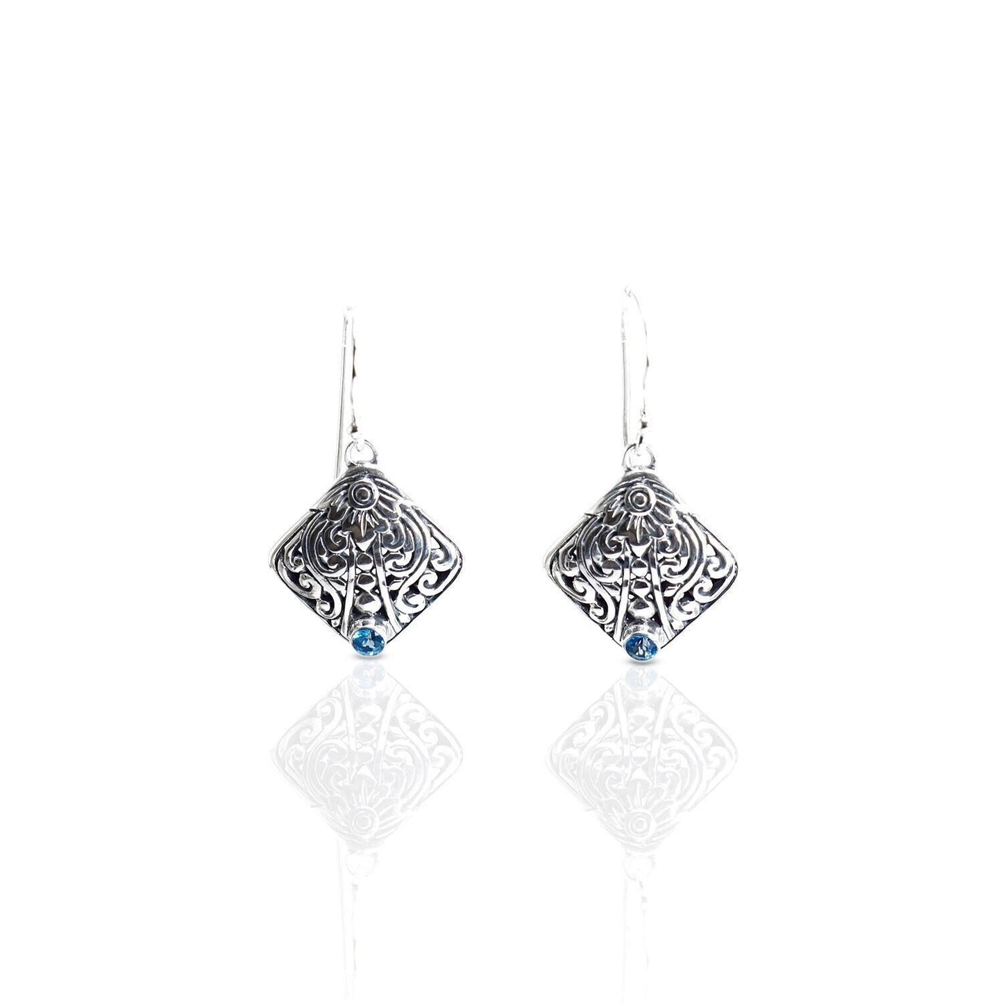 Leaf earrings 925 sterling silver decorated with filigree art and genuine blue topaz