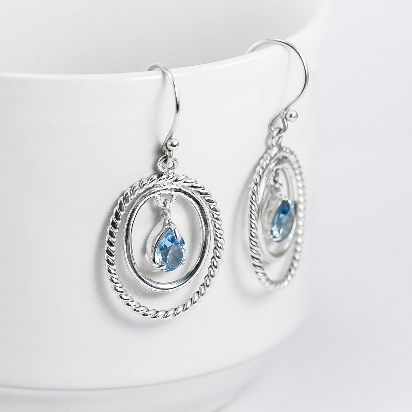dangle drop earrings with blue topaz and cable rope oval shape 925 sterling silver
