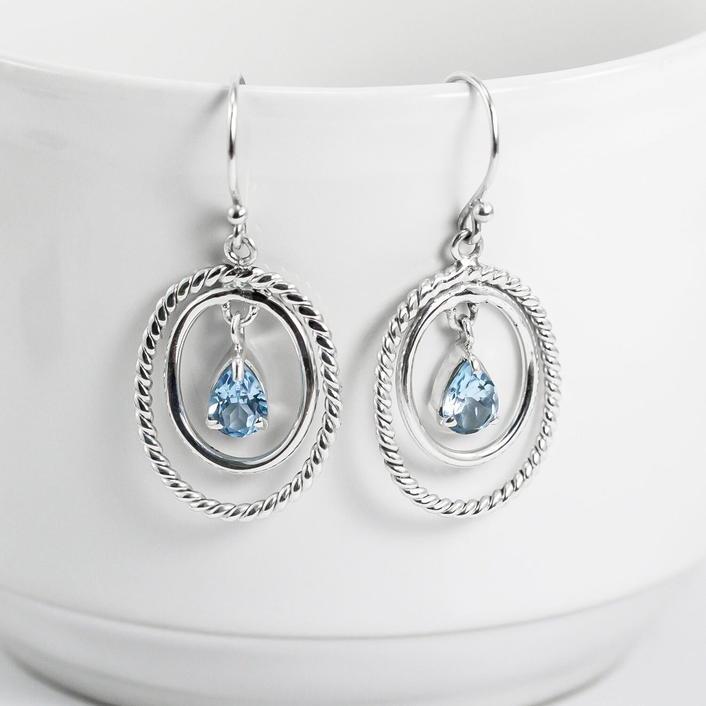 dangle drop earrings with blue topaz and cable rope oval shape 925 sterling silver