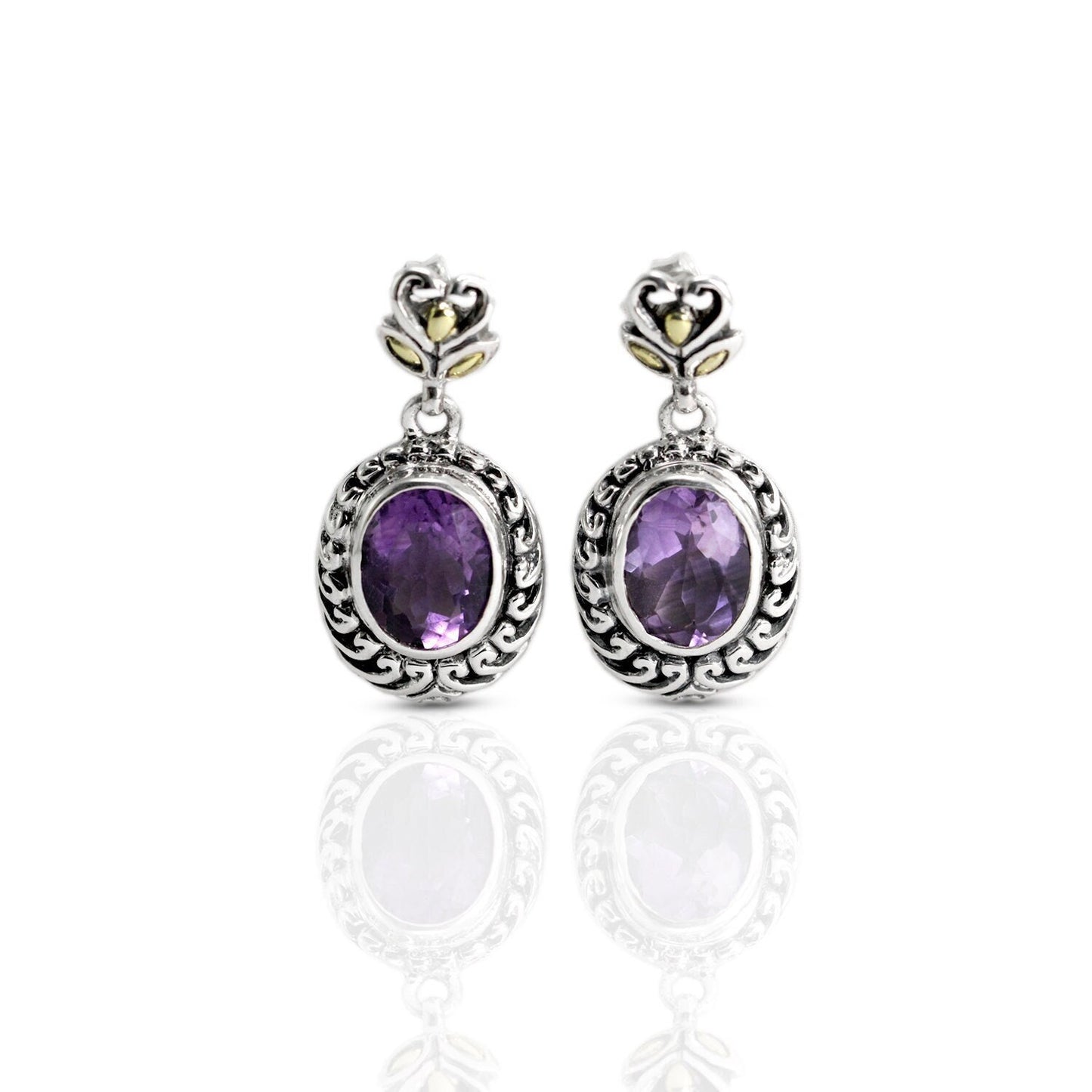 amethyst stud earrings 925 sterling silver decorated with open work filigree and 18K yellow gold