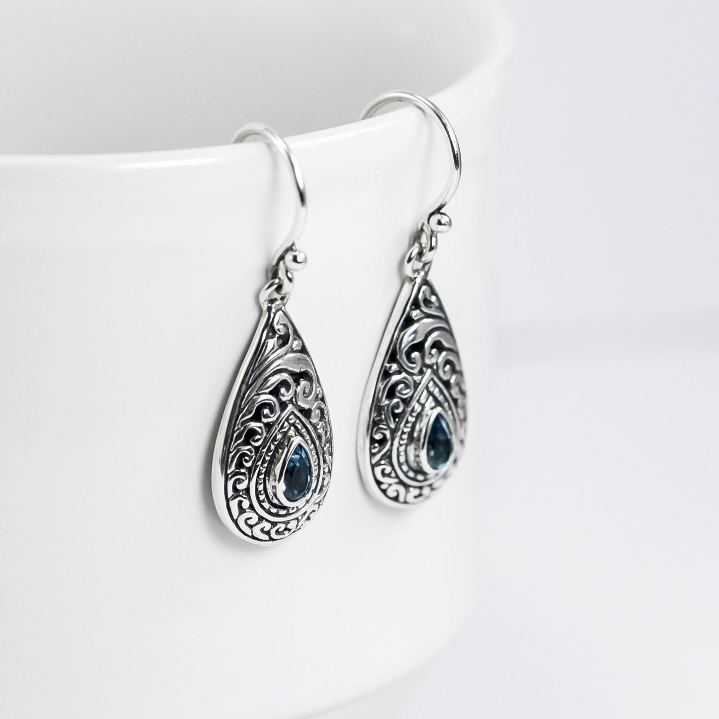 blue topaz earrings 925 sterling silver with filigree ornament