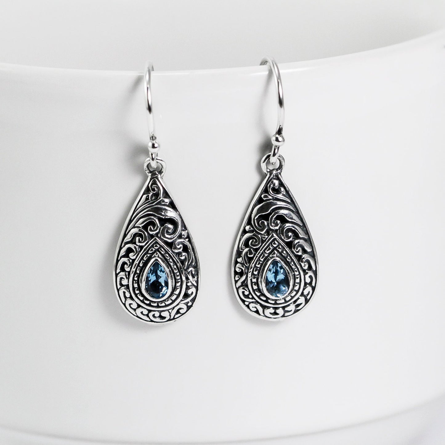 blue topaz earrings 925 sterling silver with filigree ornament