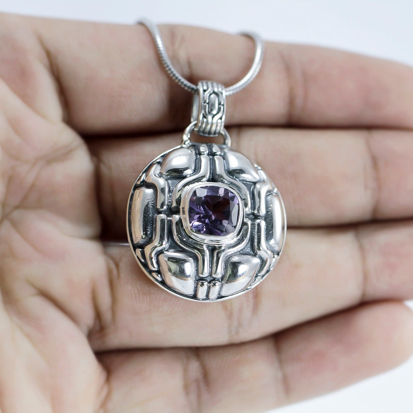 Amethyst pendant 925 sterling silver geometry ornament round shape