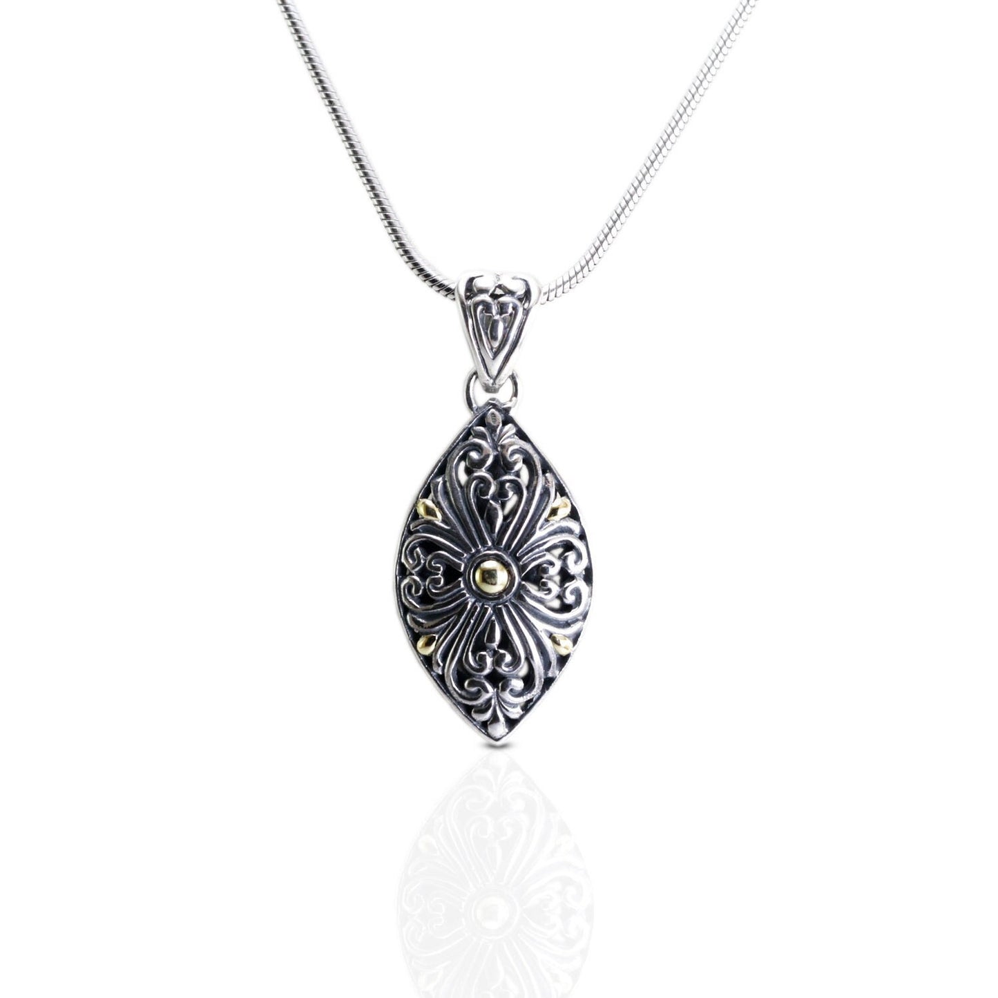 marquise pendant 925 sterling silver decorated with filigree art and 18K gold accent