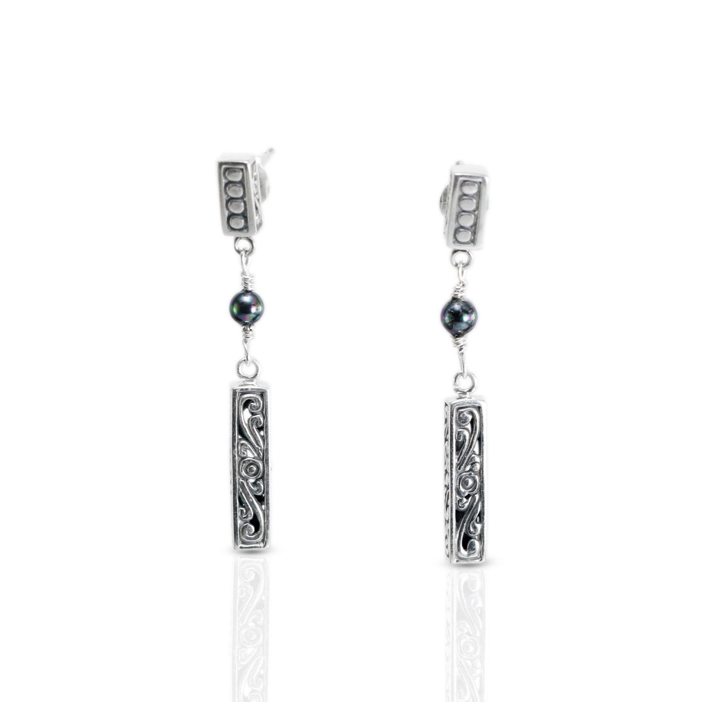 Dangle drop stud earrings 925 sterling silver decorated with pearl and open work filigree