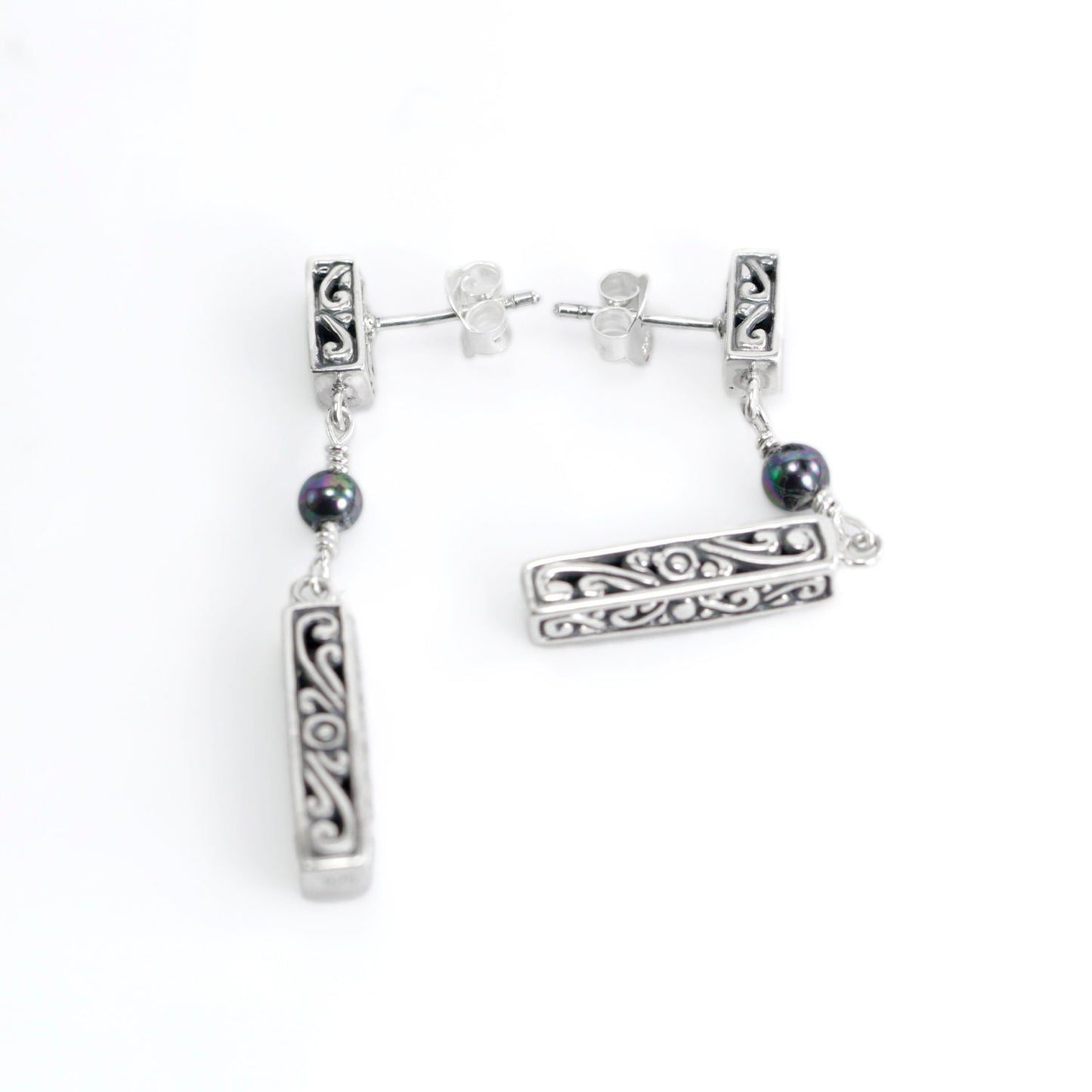 Dangle drop stud earrings 925 sterling silver decorated with pearl and open work filigree