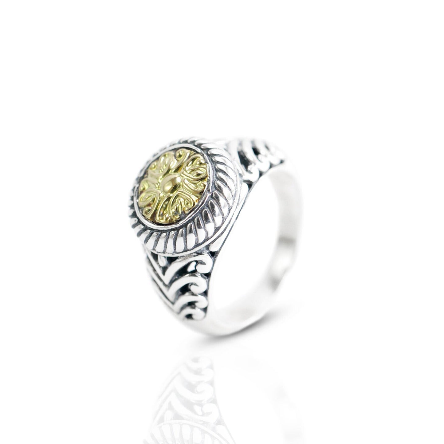 signet ring 925 sterling silver with 18K gold and open work filigree