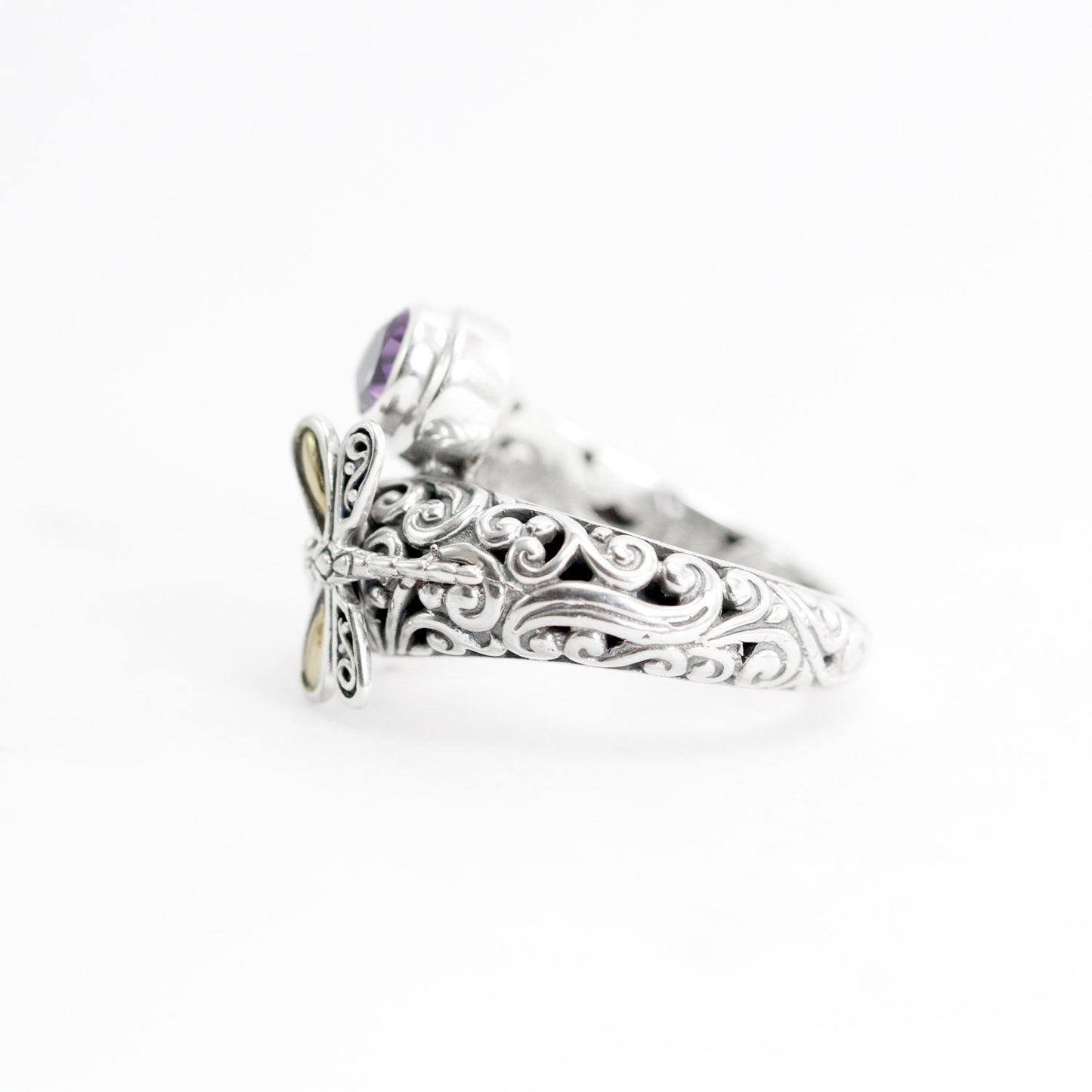 bypass ring 925 sterling silver decorated with dragonfly and genuine amethyst, filigree ring,