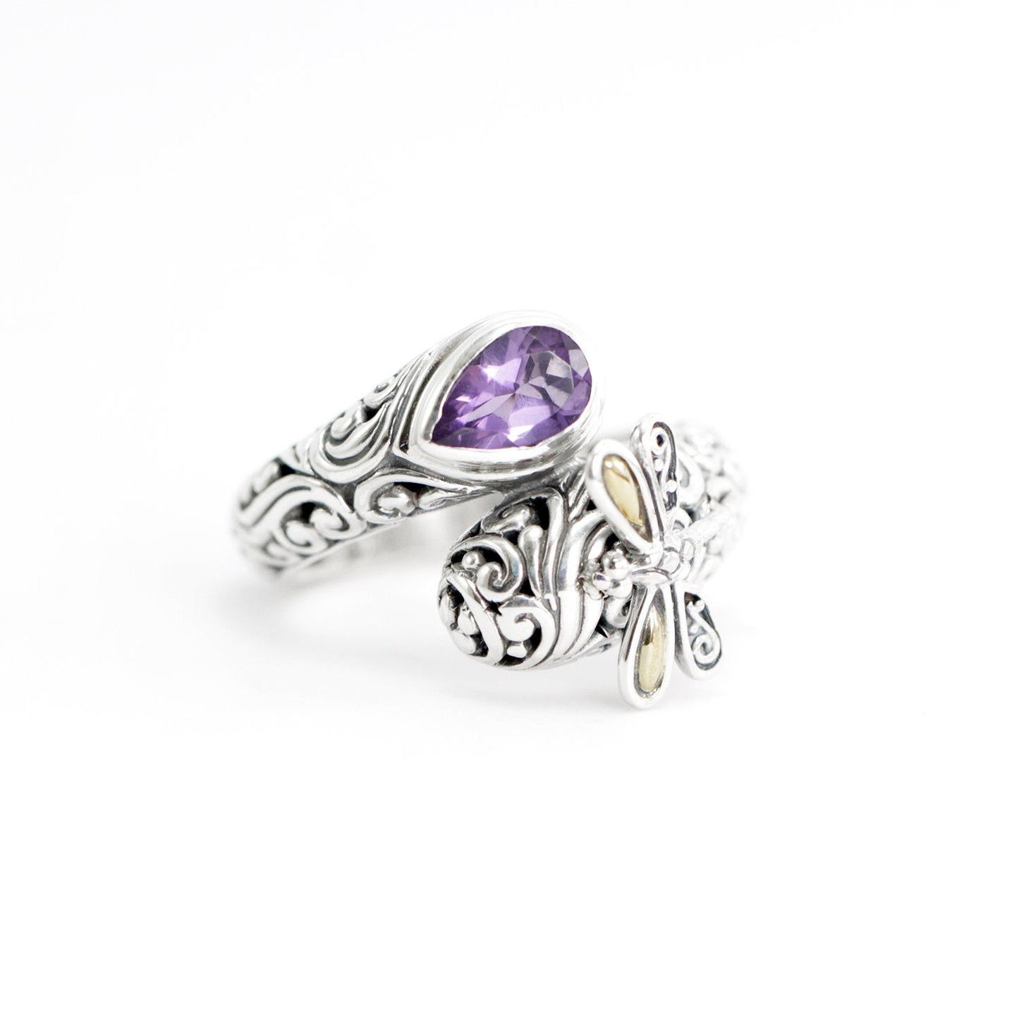 bypass ring 925 sterling silver decorated with dragonfly and genuine amethyst, filigree ring,