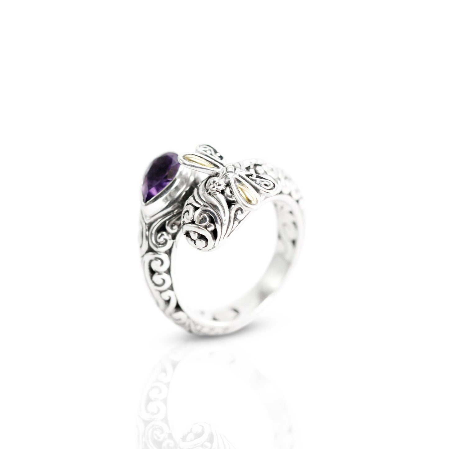bypass ring 925 sterling silver decorated with dragonfly and genuine amethyst, filigree ring,